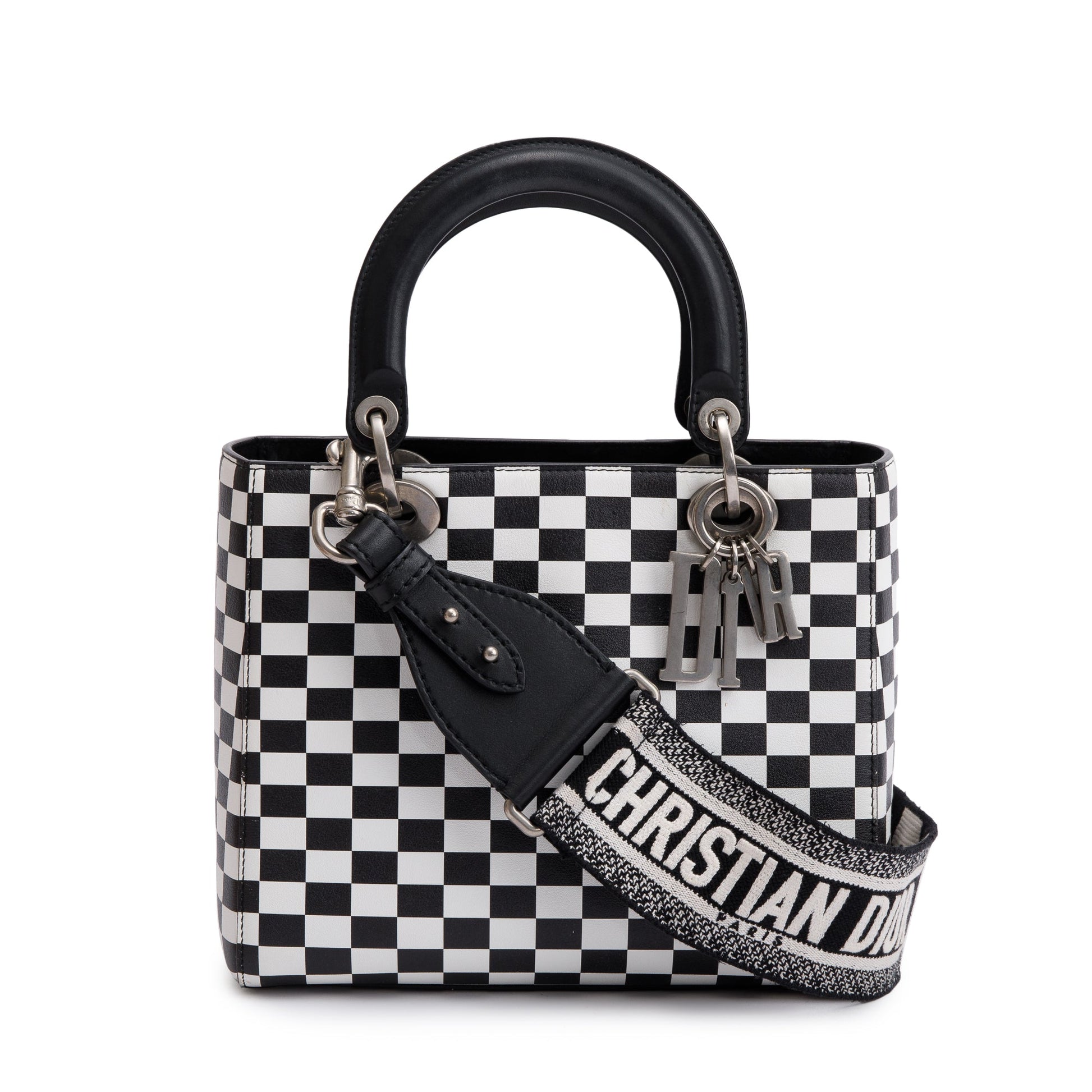 Dior Christian & Check Print Medium Lady Bag Leather Black Travel Bag