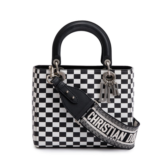 Dior Christian & Check Print Medium Lady Bag Leather Black Travel Bag