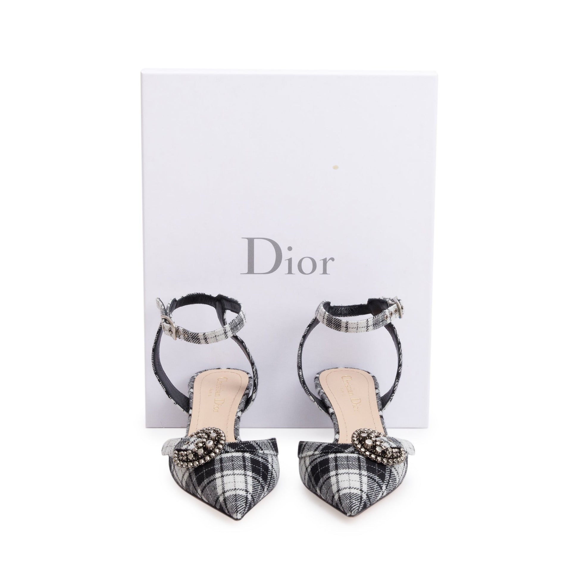 Dior Christian Tartan Fabric Gang Slingback Pumps, Size Black White Shoes