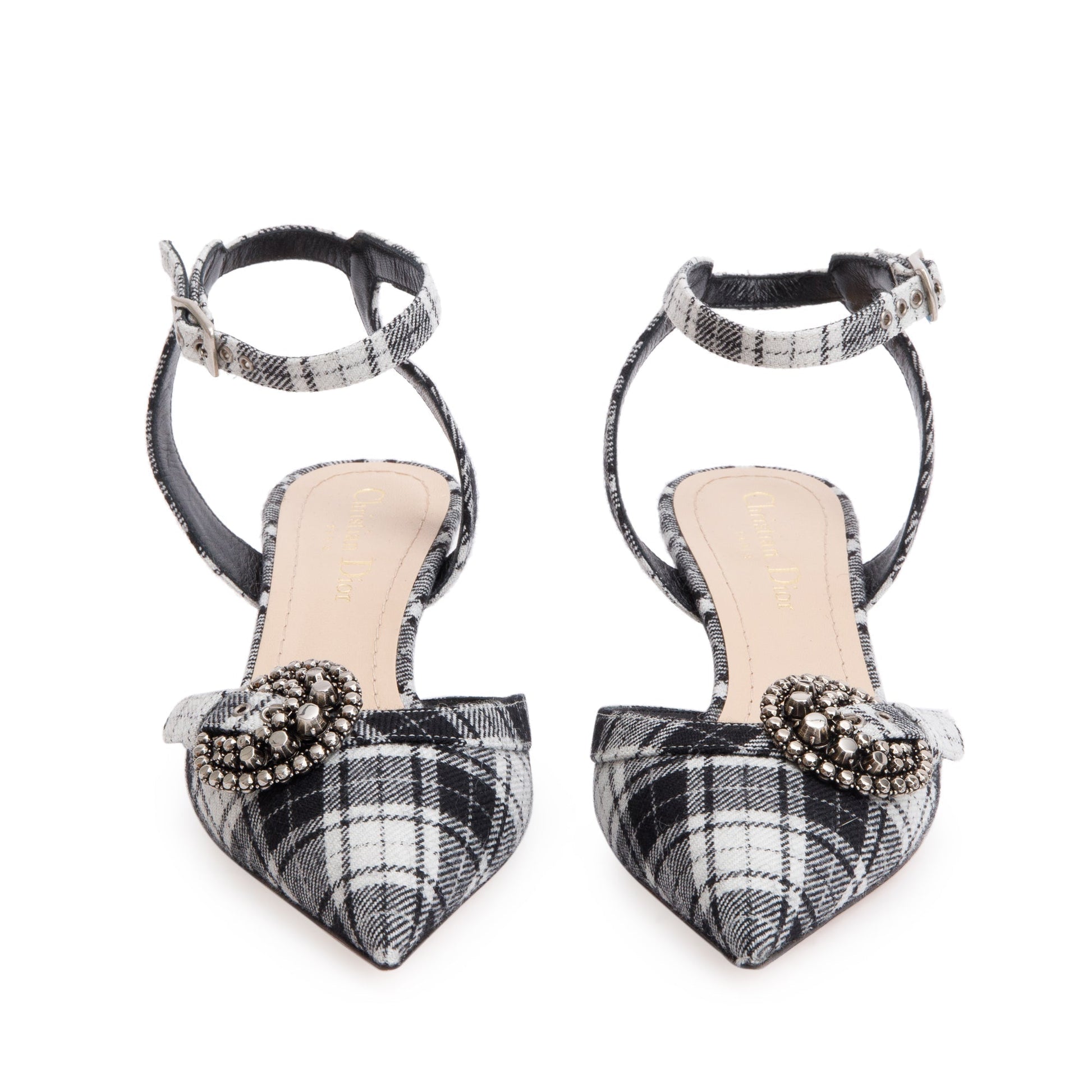 Dior Christian Tartan Fabric Gang Slingback Pumps, Size Black White Shoes