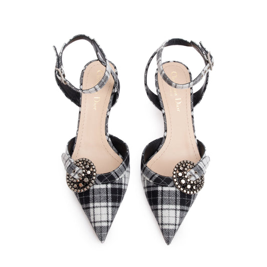 Dior Christian Tartan Fabric Gang Slingback Pumps, Size Black White Shoes