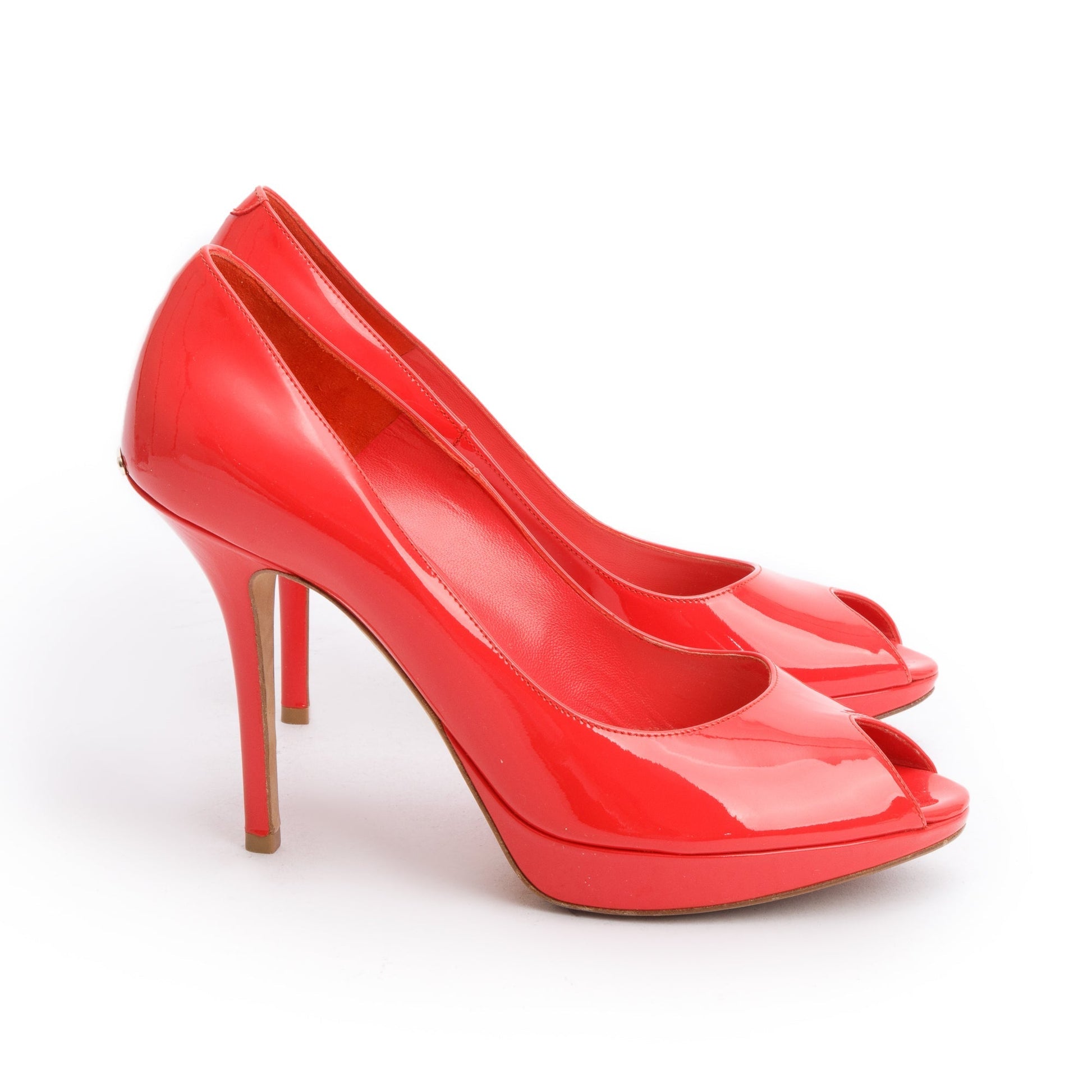 Dior Christian Coral Patent Peep Toe Pumps, Size Leather Shoes