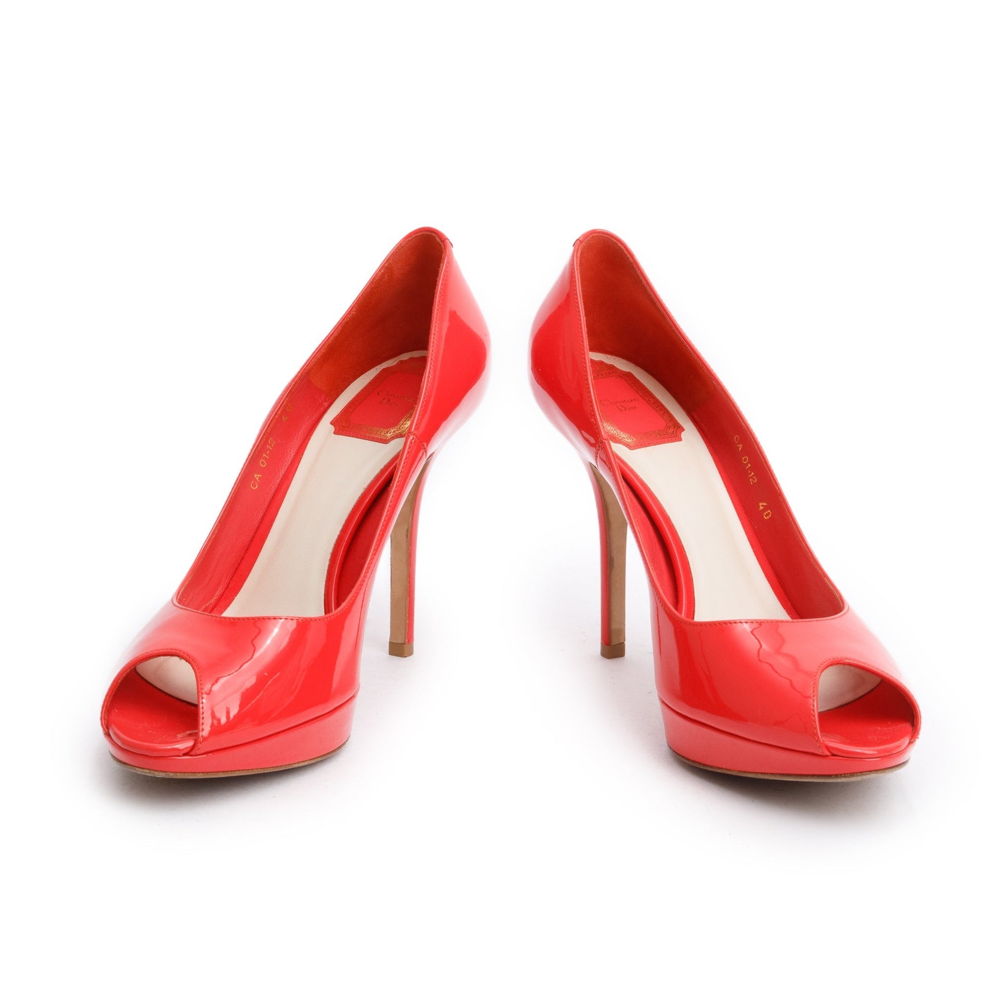 Dior Christian Coral Patent Peep Toe Pumps, Size Leather Shoes