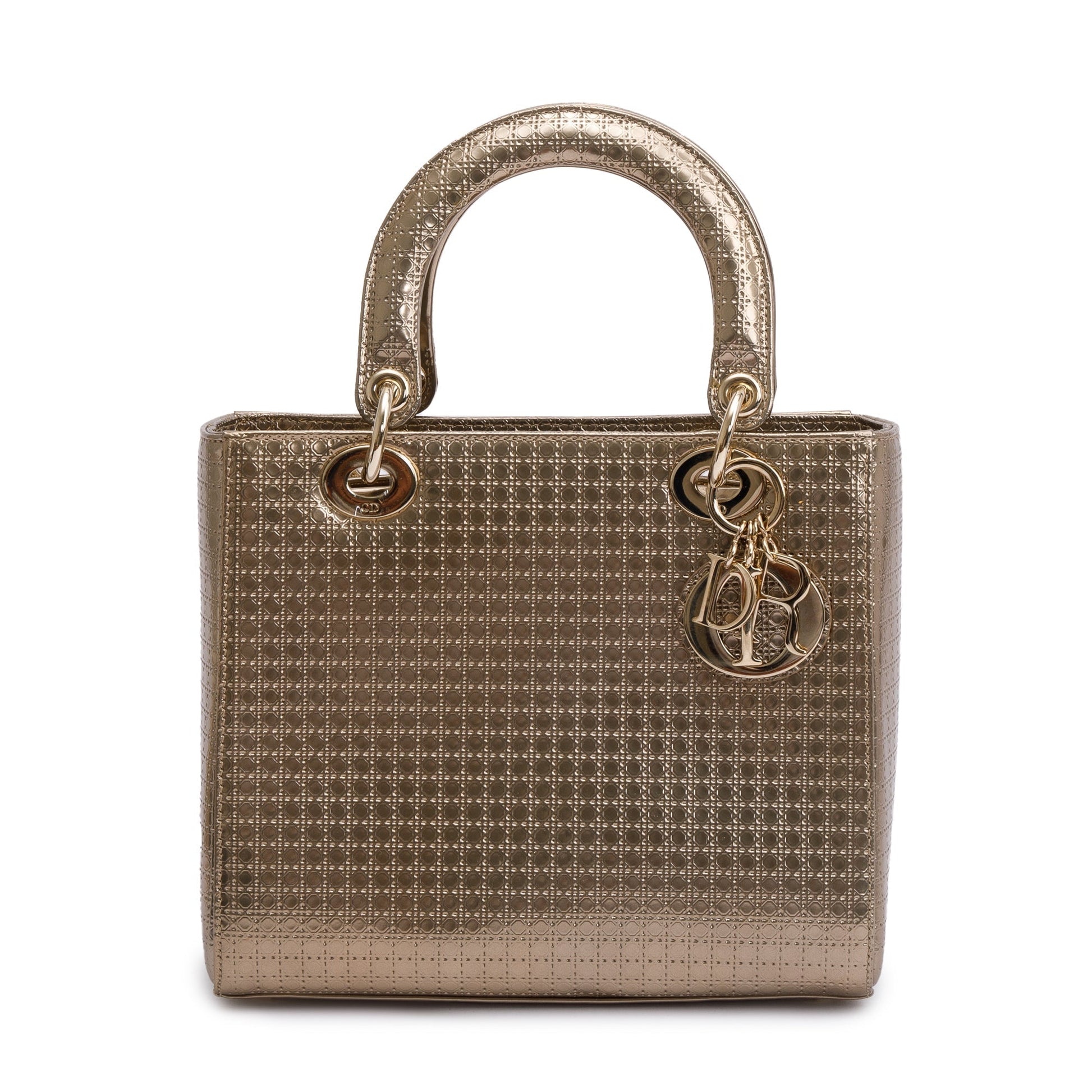 Dior Christian Metallic Microcannage Patent Lady Bag Leather Gold Travel Bag