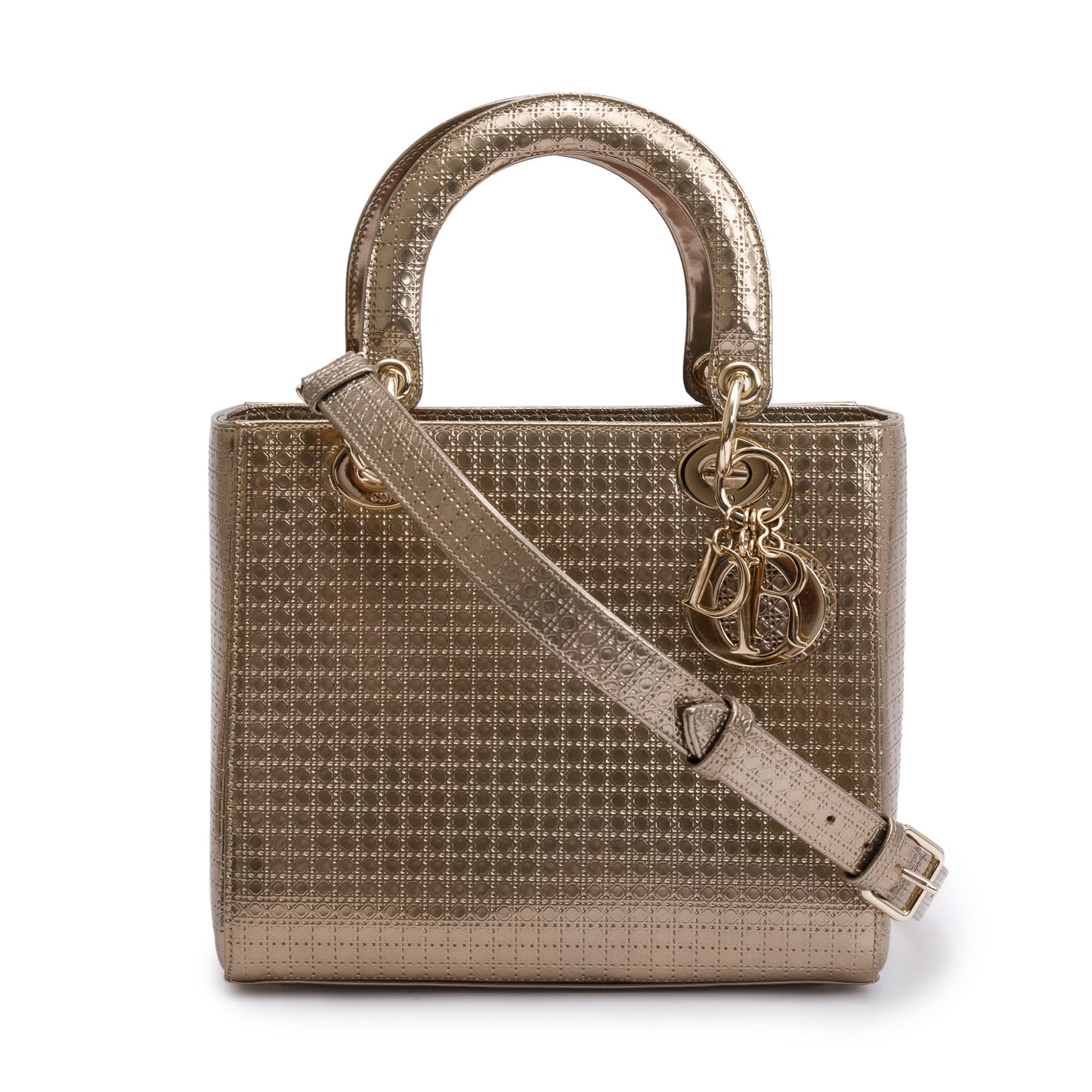 Dior Christian Metallic Microcannage Patent Lady Bag Leather Gold Travel Bag