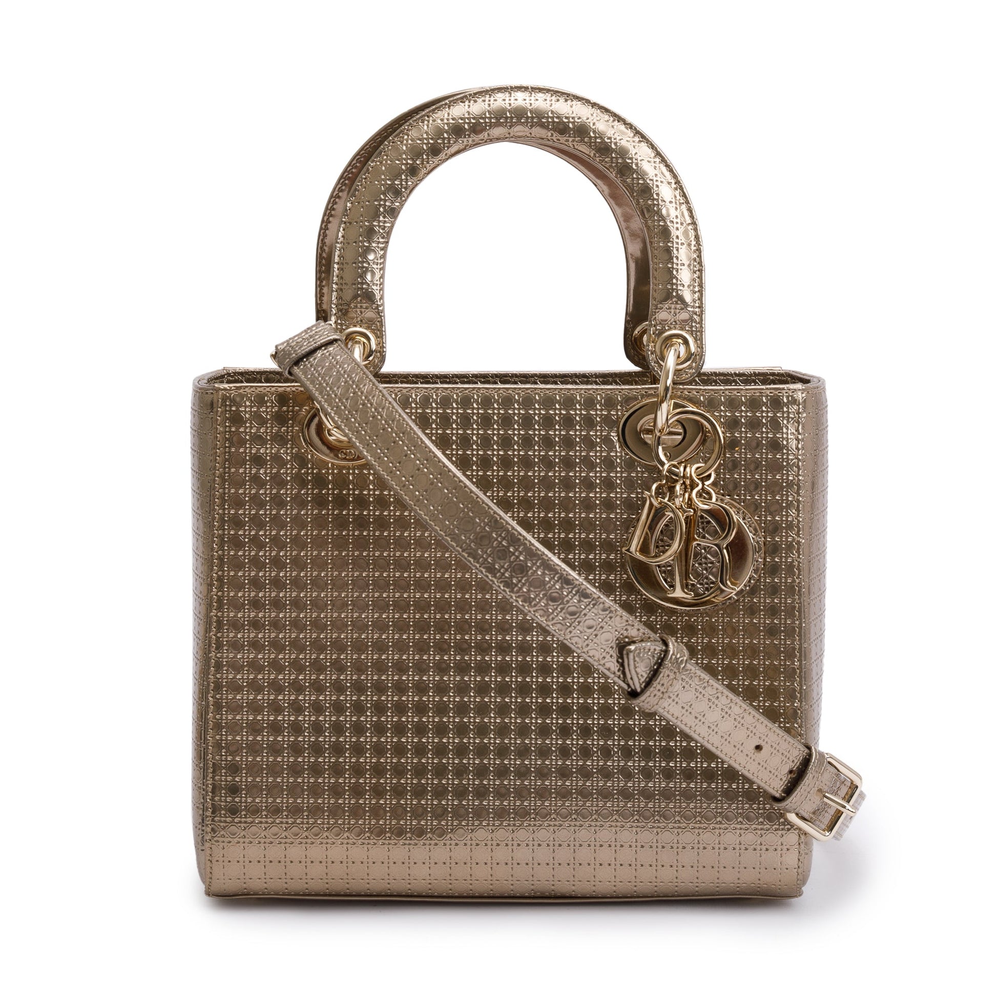 Dior Christian Metallic Microcannage Patent Lady Bag Leather Gold Travel Bag