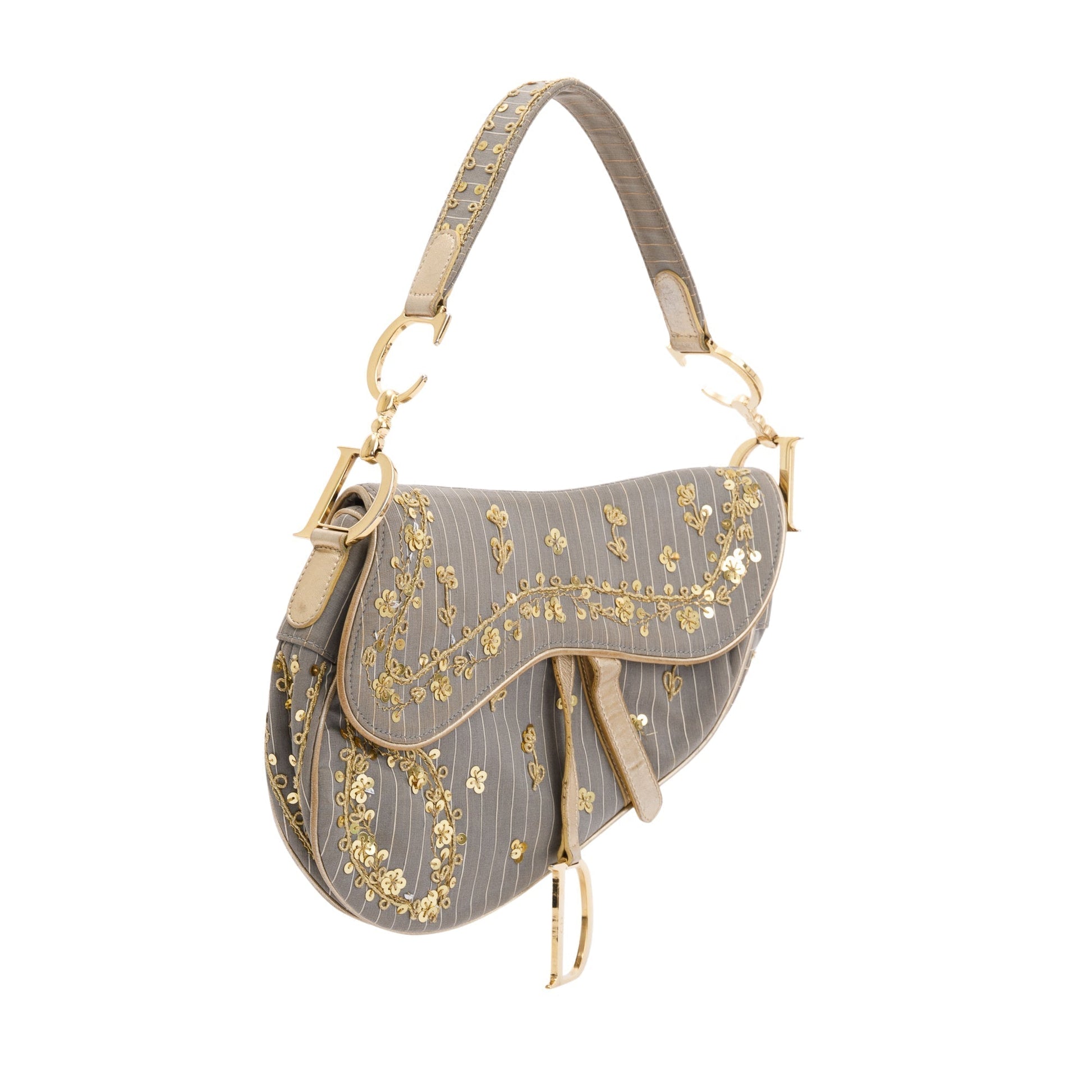 Dior Christian Limited Edition Grey Sequin Embellished Saddle Canvas Travel Bag