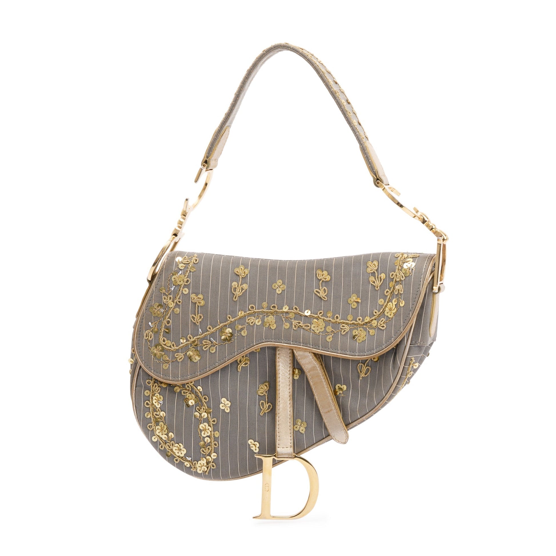 Dior Christian Limited Edition Grey Sequin Embellished Saddle Canvas Travel Bag