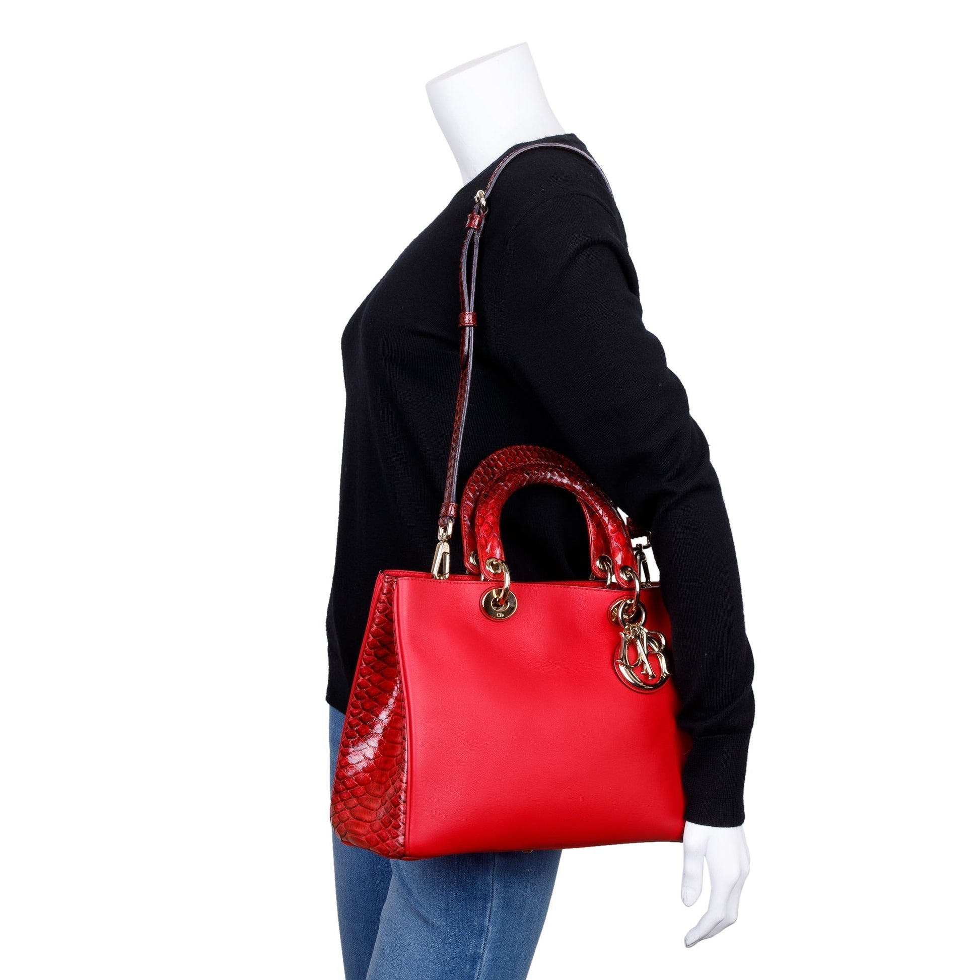 Dior Christian Python Trimmed Calfskin issimo Tote Handbag Leather Red Tote Bag
