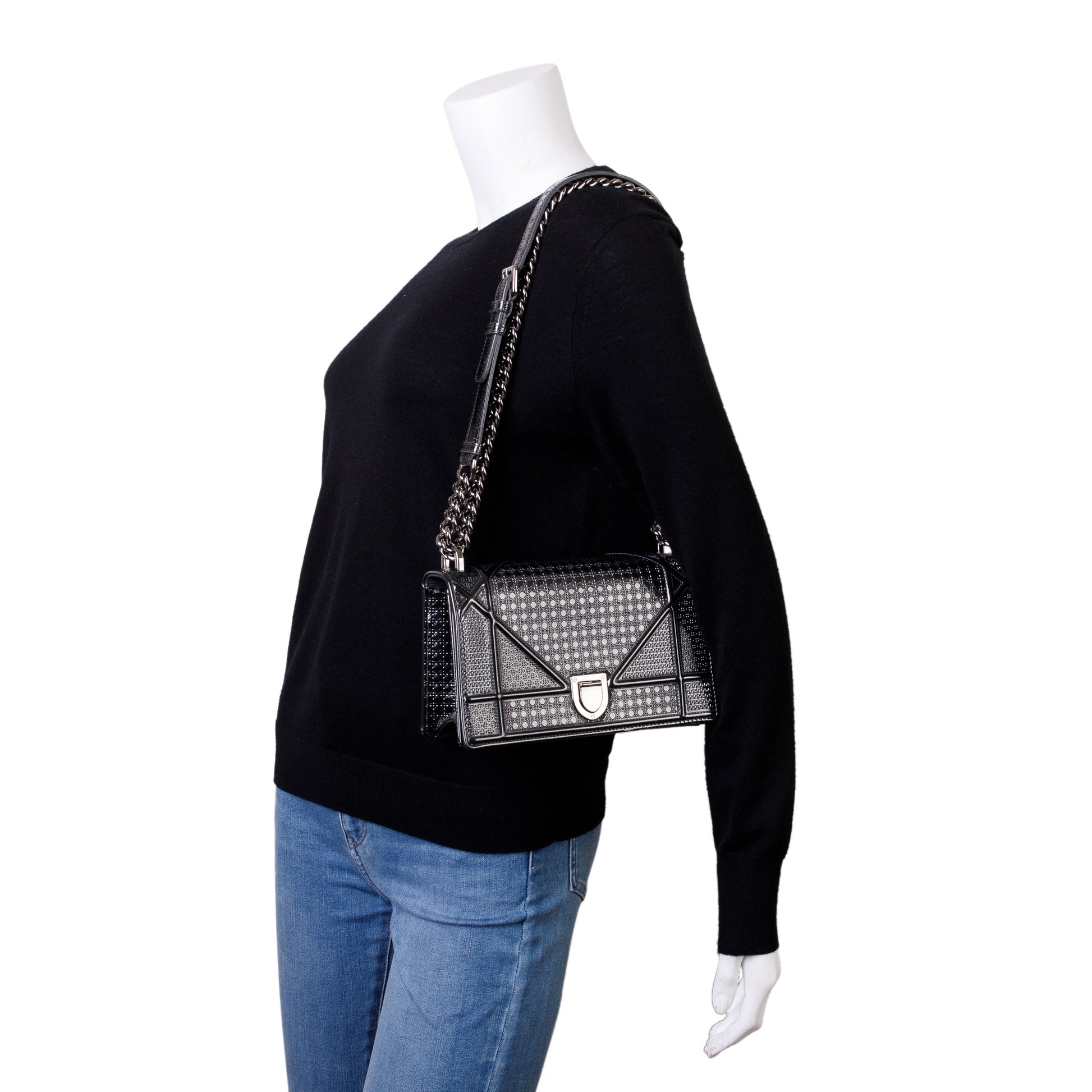 Dior Christian Metallic Grey Micro Cannage Patent ama Leather Small Shoulder Bag