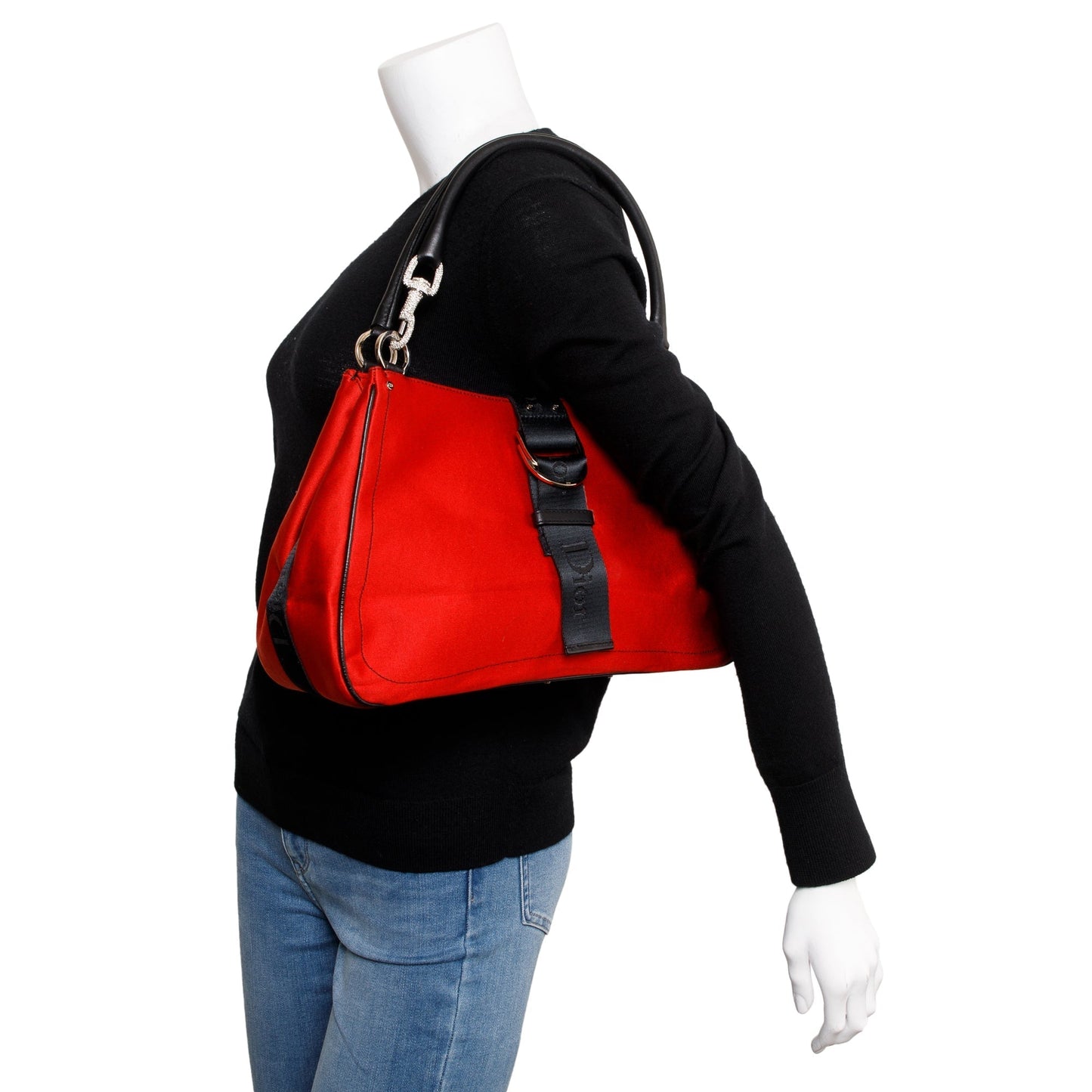 Dior Christian Crystal Embellished Hardcore Shoulder Bag Satin Red