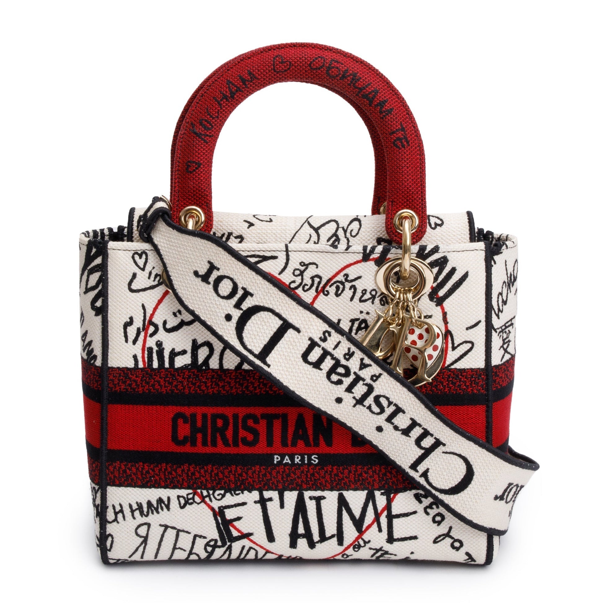 Dior Christian Red amour Graffiti Medium Lady Di Canvas Black Travel Bag