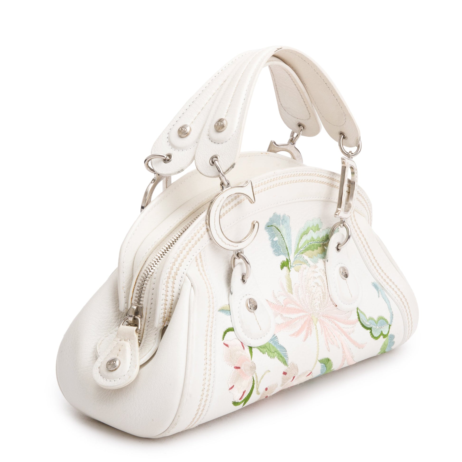 Dior Christian Embroidered Calfskin Small Detective Bag Leather White Travel Bag