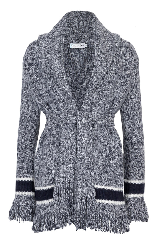 Dior Belted Knit Cardigan Wool Ivory Blue