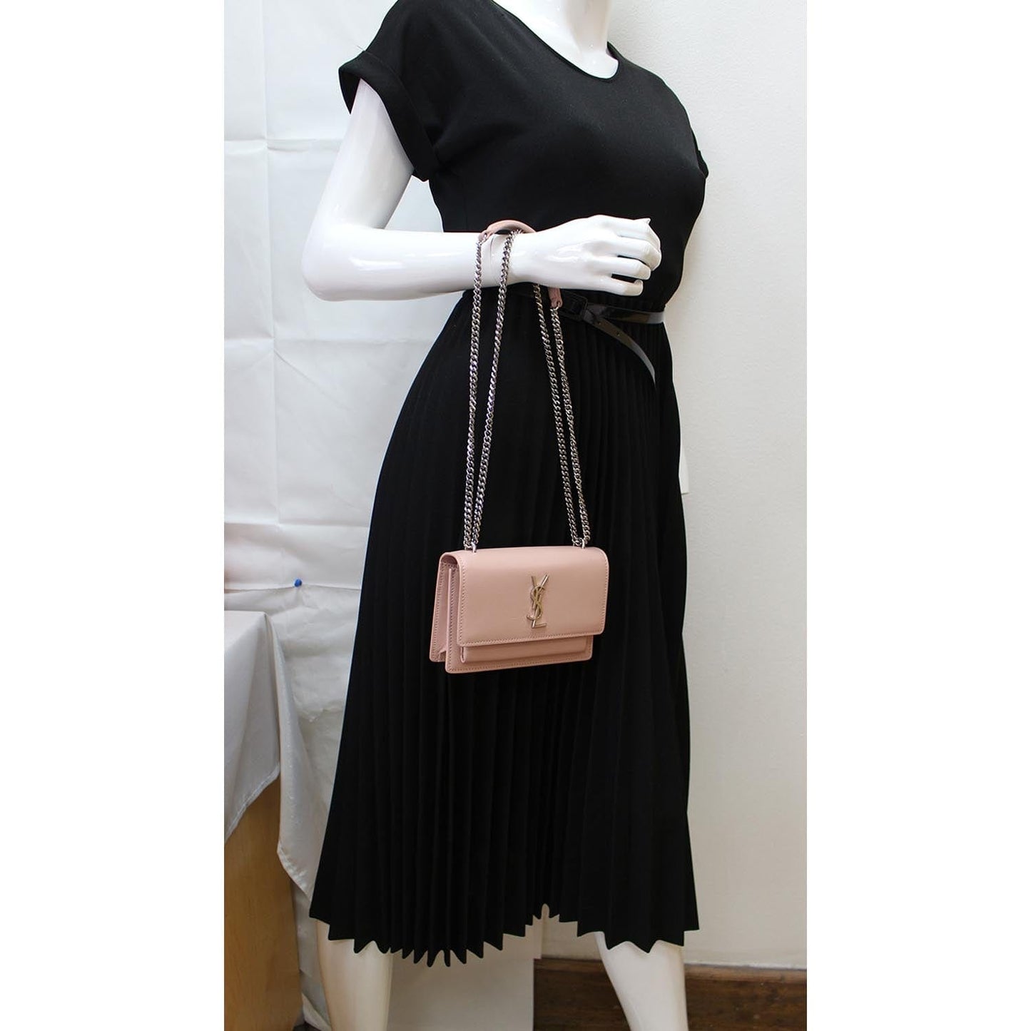 YSL Saint Laurent Yves Sunset Shoulder Bag Leather Monogram Pink