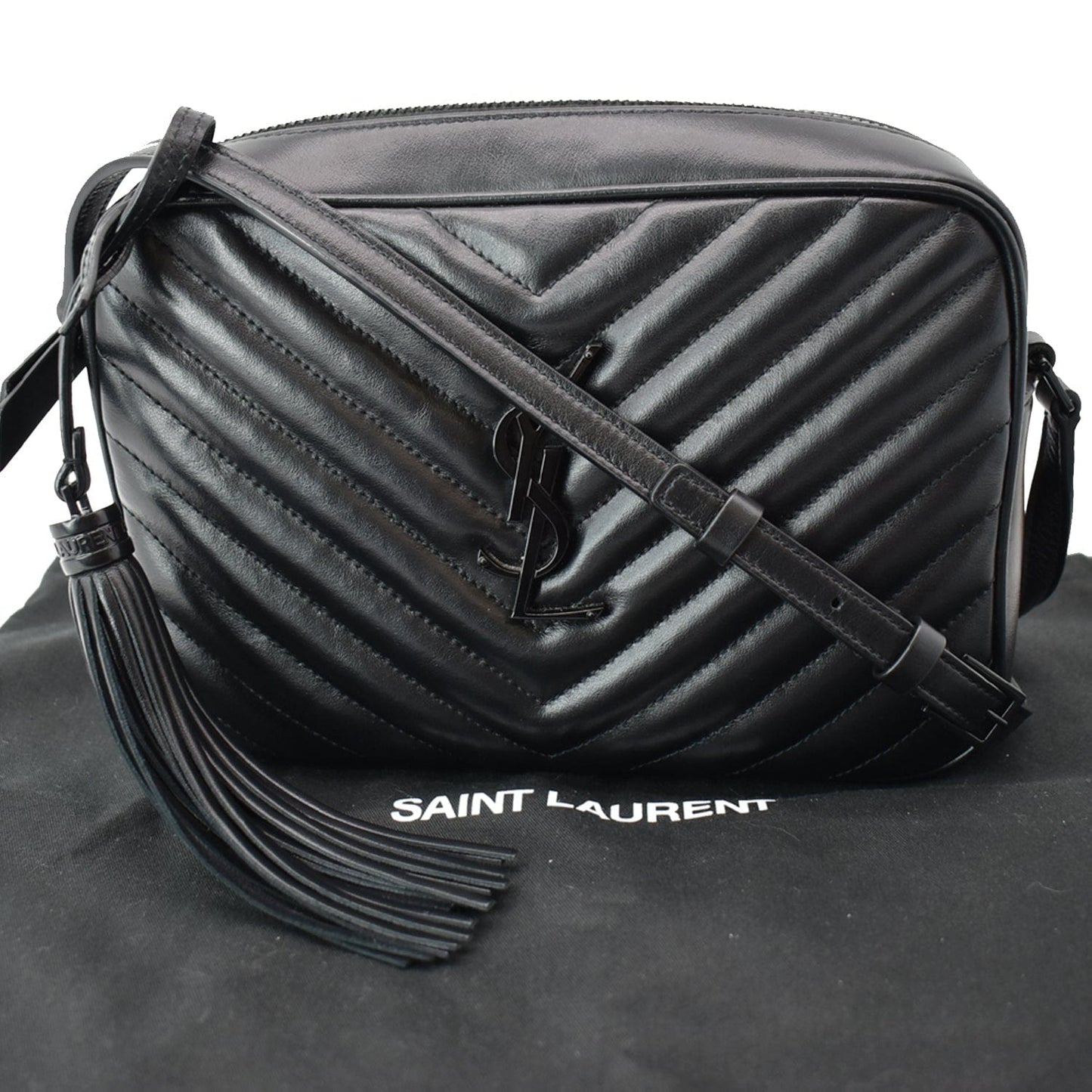 YSL Saint Laurent Saint Lou Chevron Camera Crossbody Bag Leather Black Bag Black