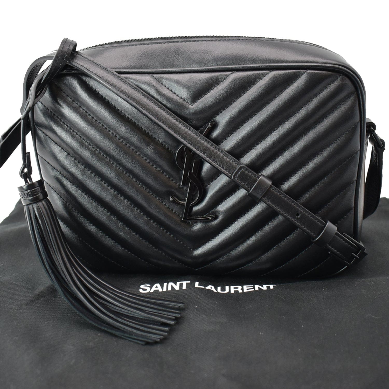 YSL Saint Laurent Saint Lou Chevron Camera Crossbody Bag Leather Black Bag Black