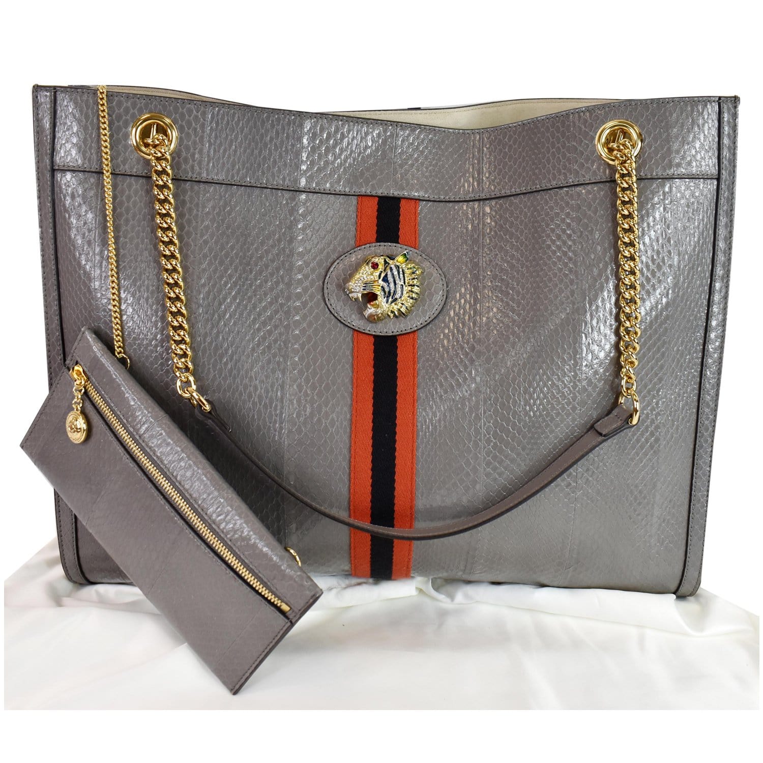 Gucci Rajah Snakeskin Tote Shoulder Bag Dusty Grey Large