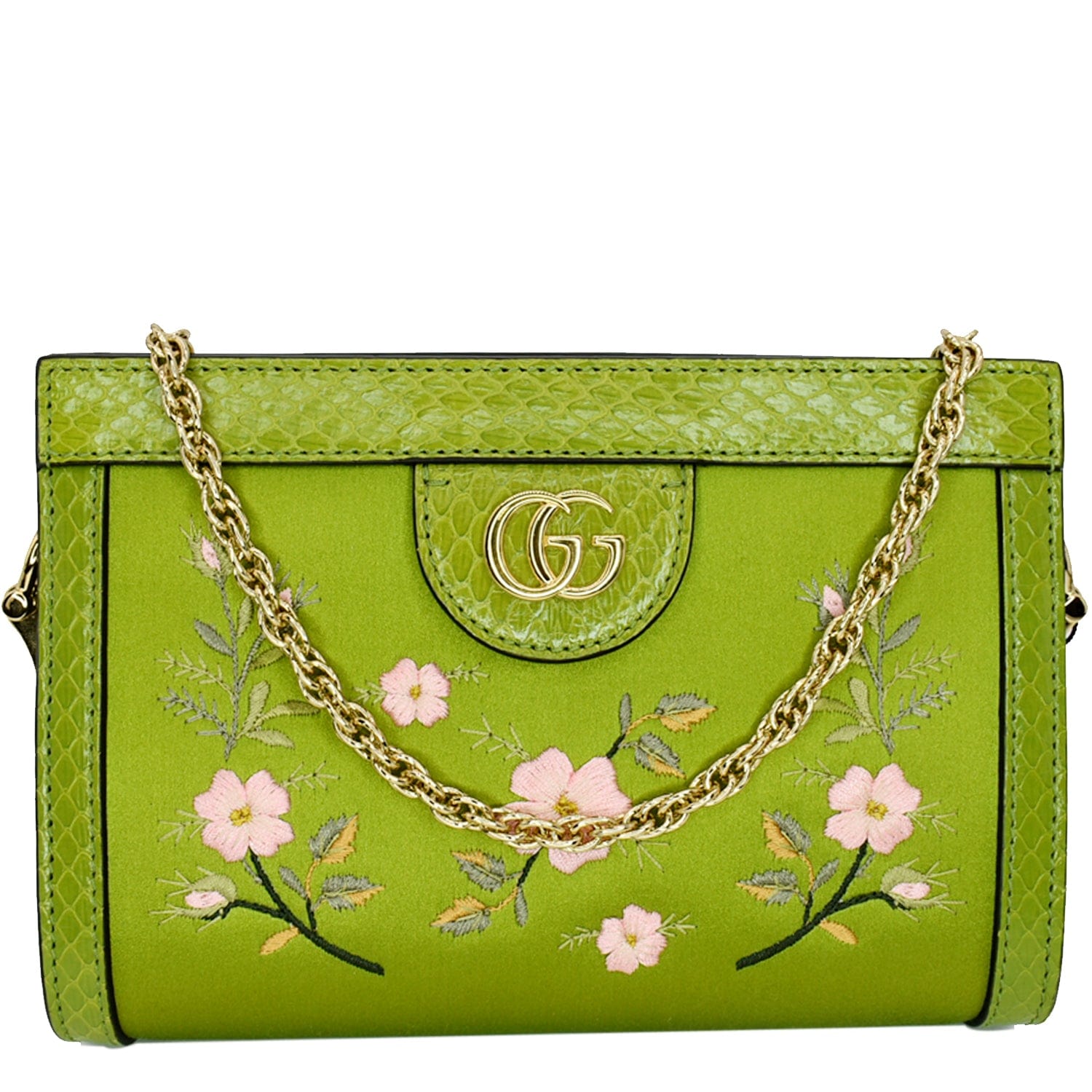 Gucci Ophidia Silk Embroidered Floral Shoulder Bag Hot Green