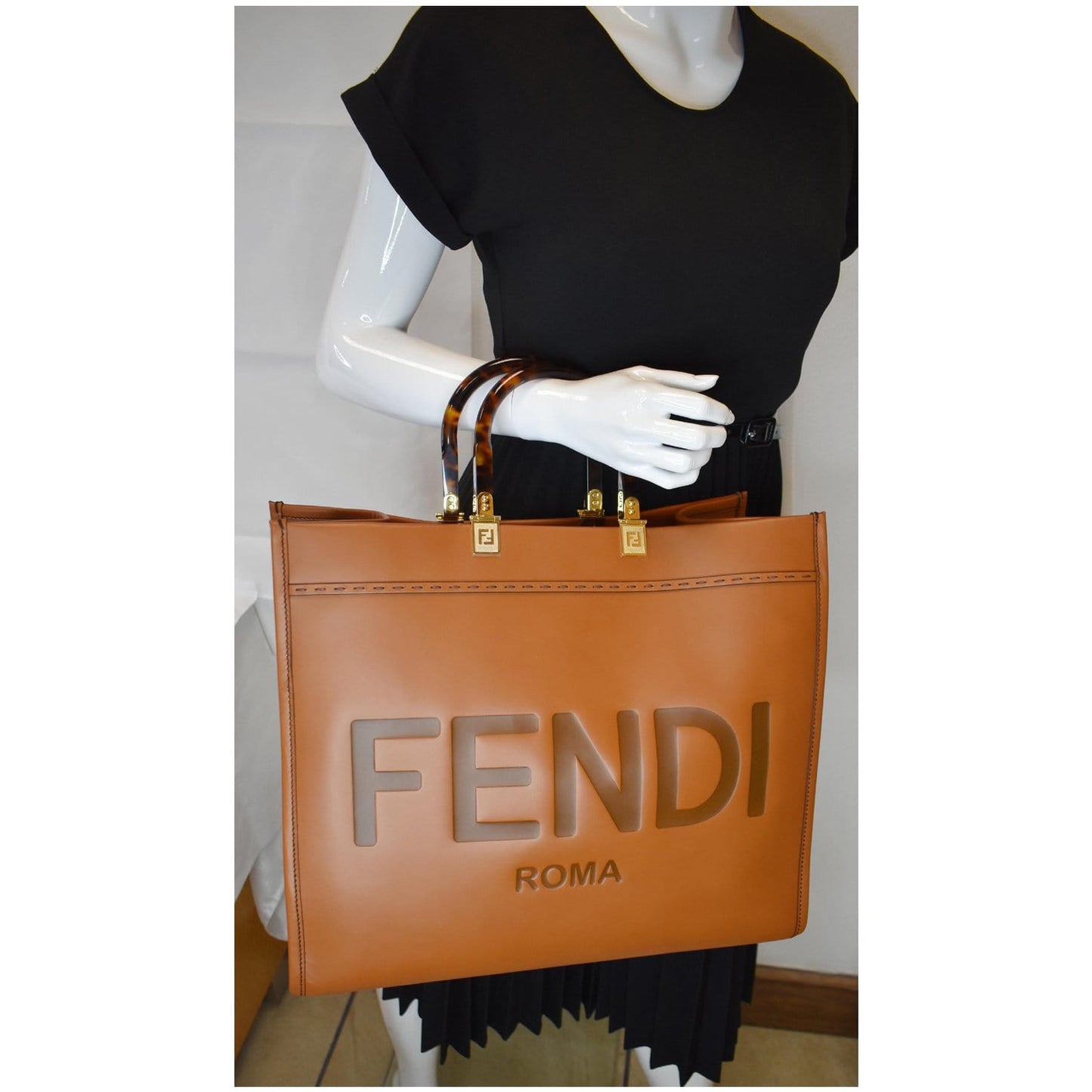 Fendi Sunshine Plexiglass Shopper Tote Bag Leather Brown