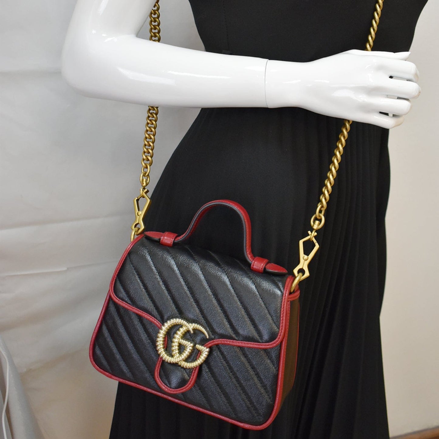 Gucci Torchon Marmont Top Handle Crossbody Bag Cerise Black Mini