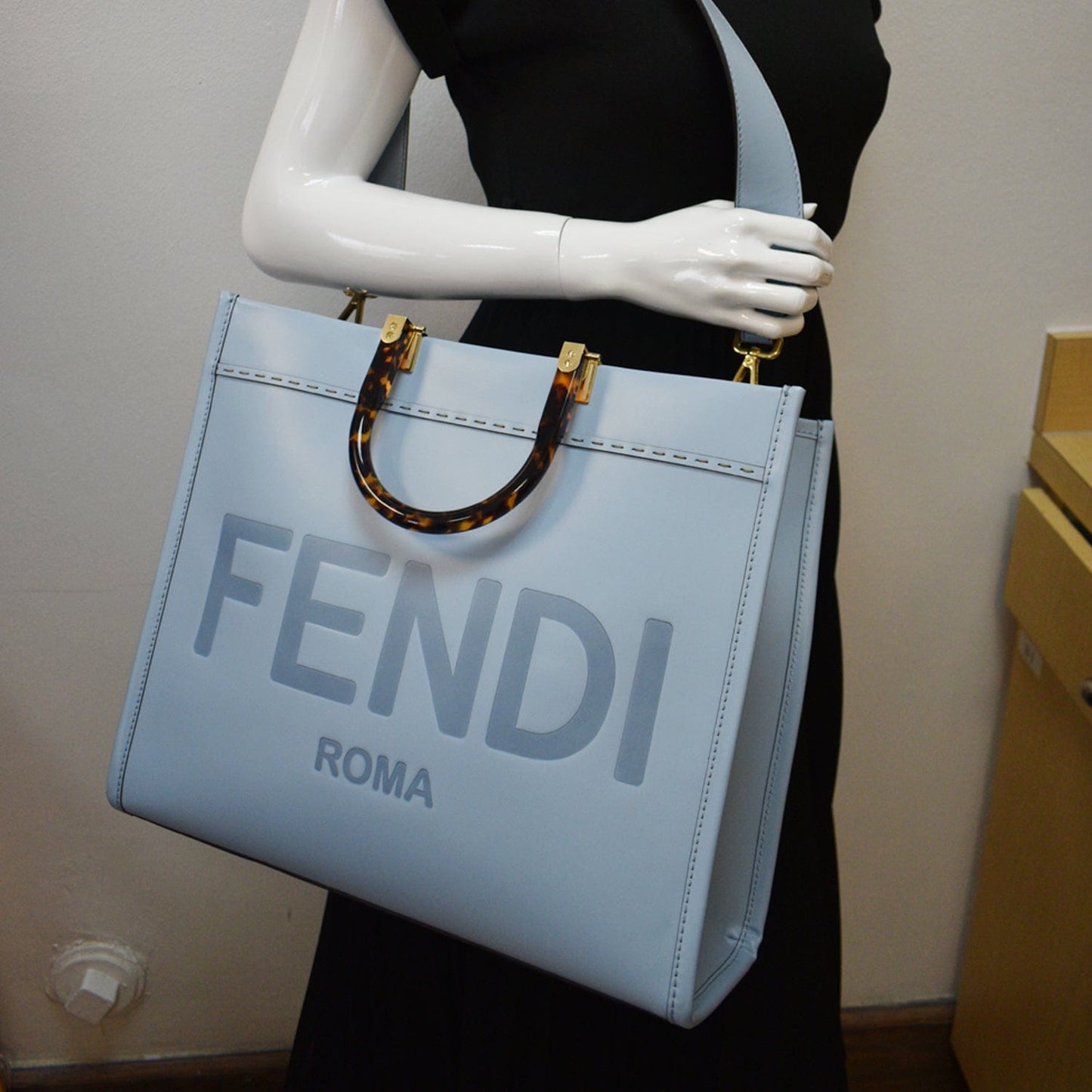 Fendi Sunshine Plexiglass Shopper Tote Bag Leather Blue