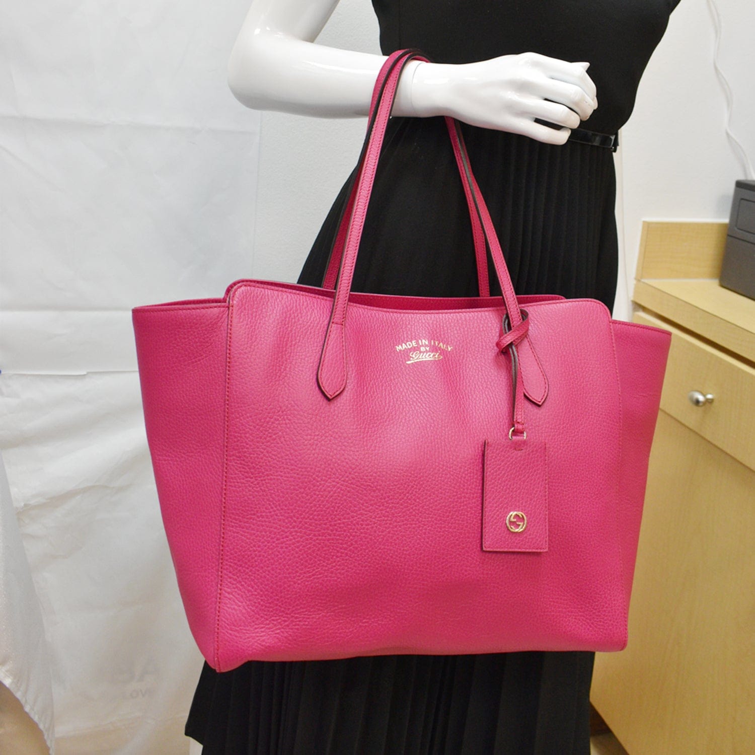 Gucci Swing Pebbled Tote Bag Leather Pink