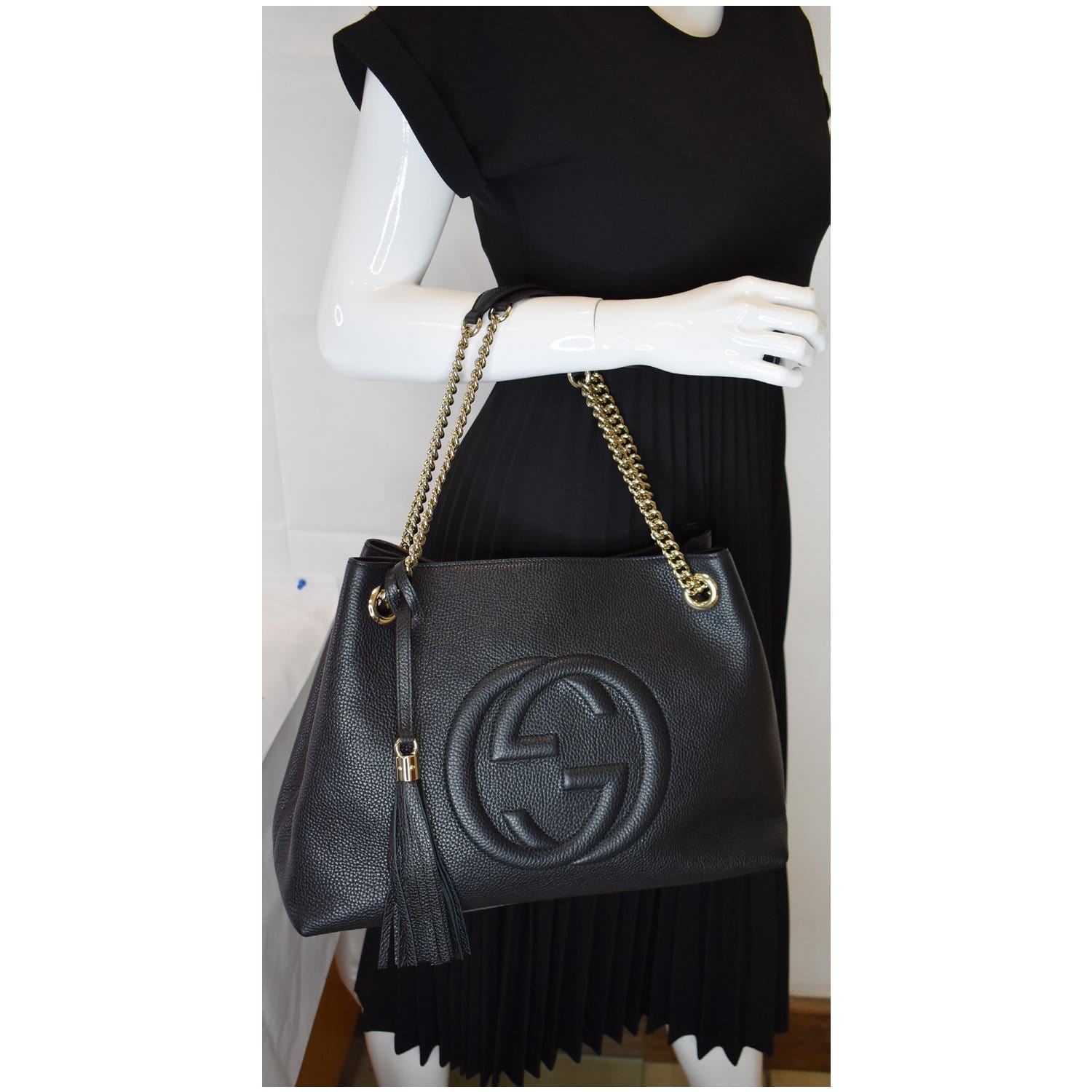 Gucci Soho Chain Tote Bag Leather Black