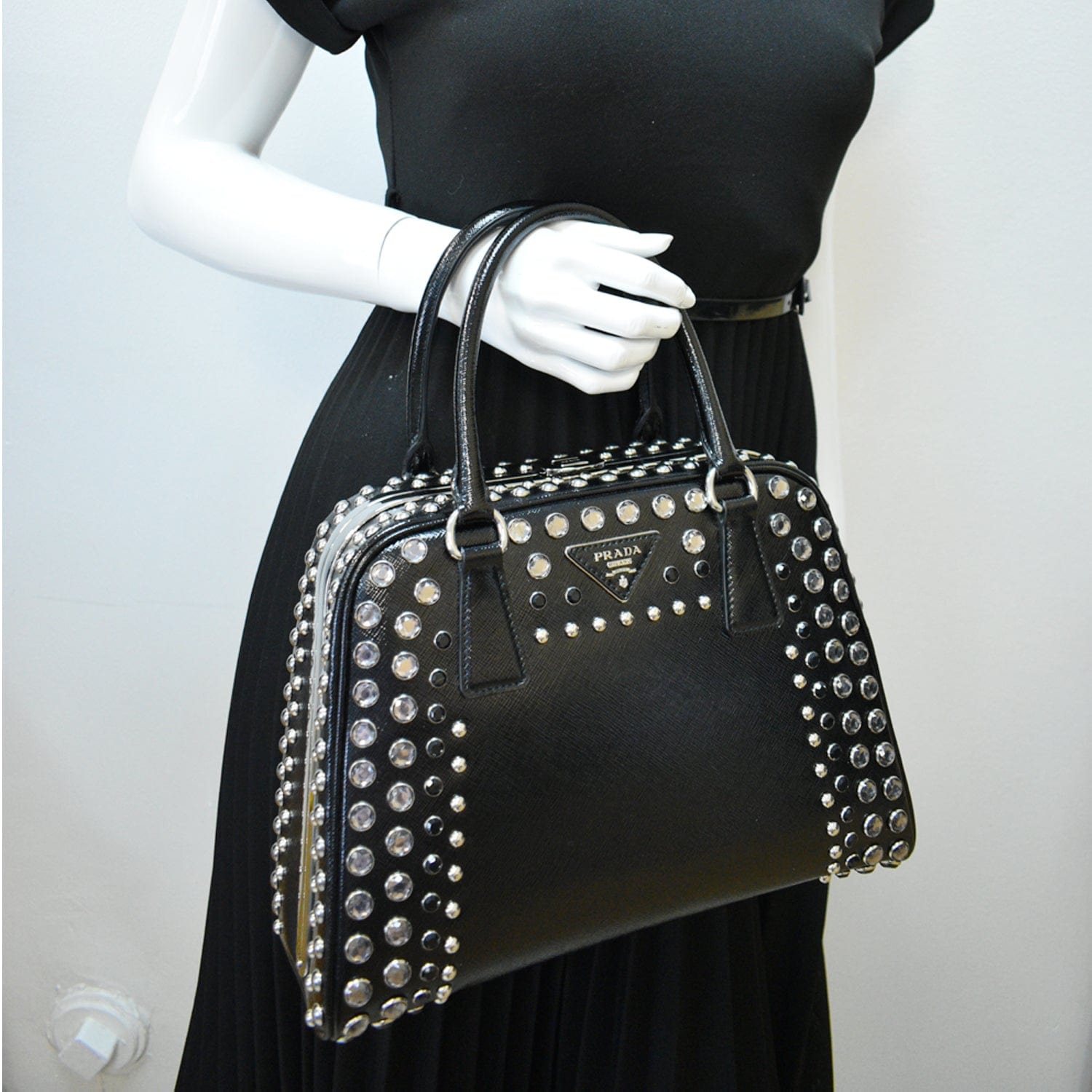 Prada Vernice Crystal Frame Studded Saffiano Top Handle Leather Black Travel Bag