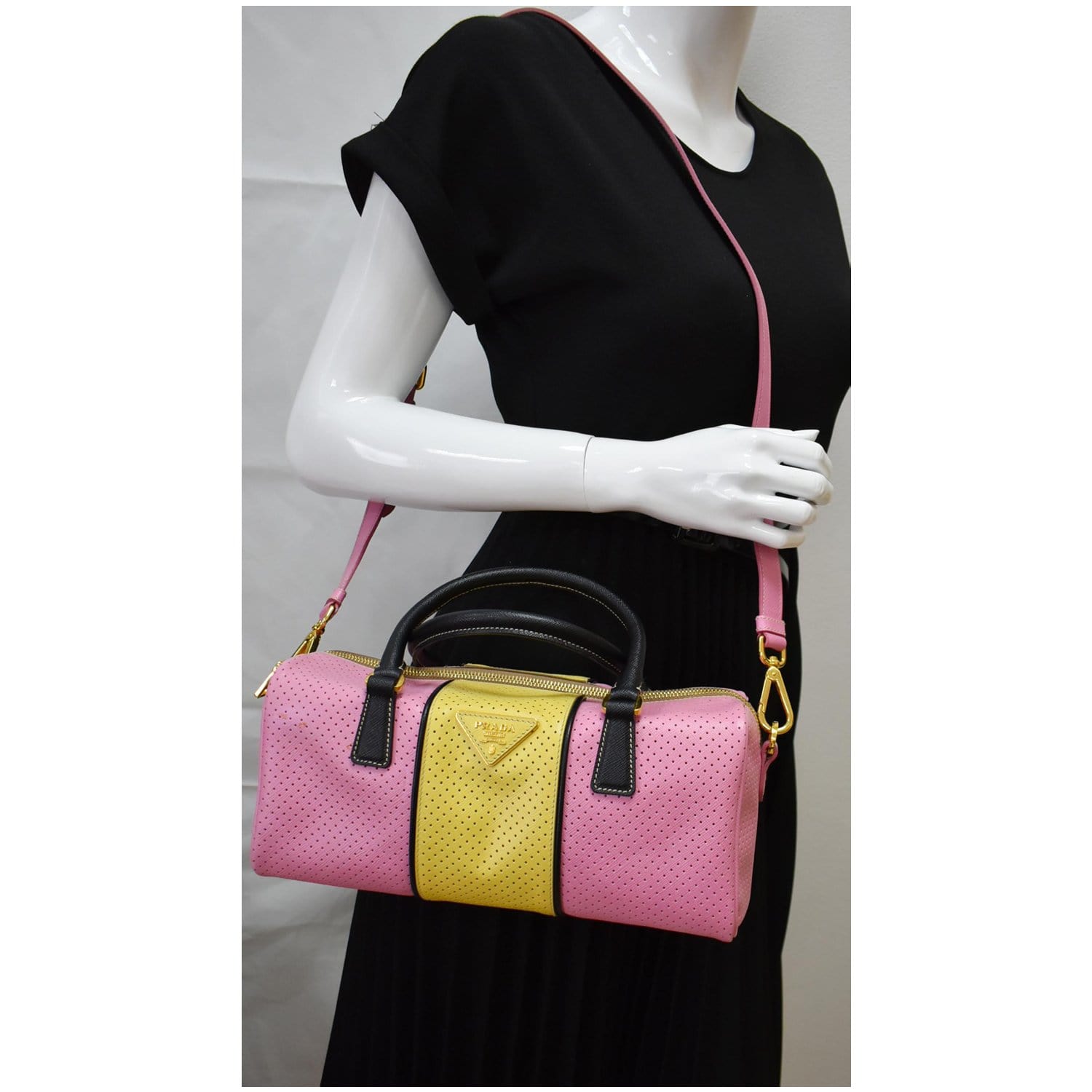 Prada Bowling Perforated Saffiano Satchel Bag Yellow Leather Pink Travel Bag