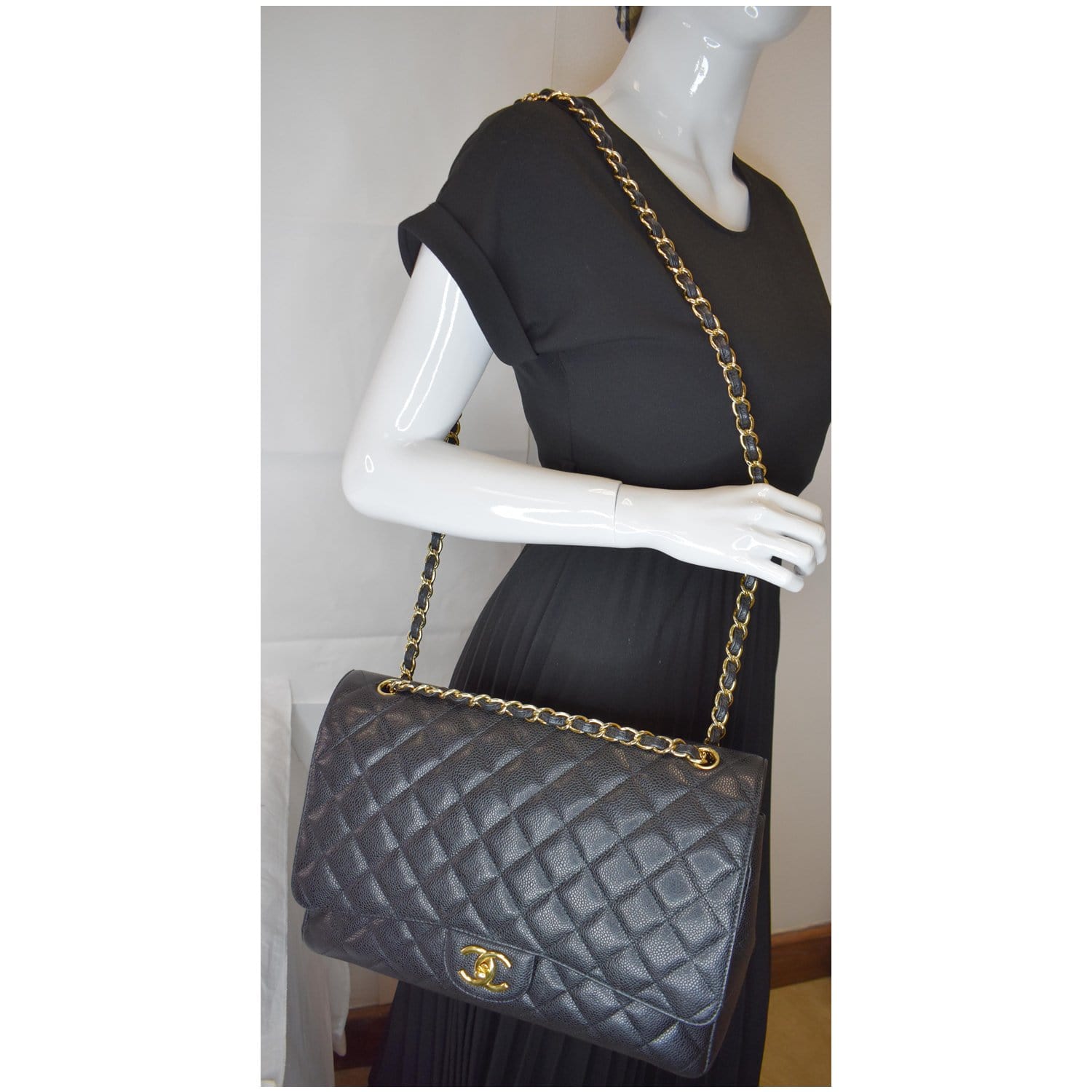 Chanel Maxi Double Caviar Shoulder Bag Leather Black