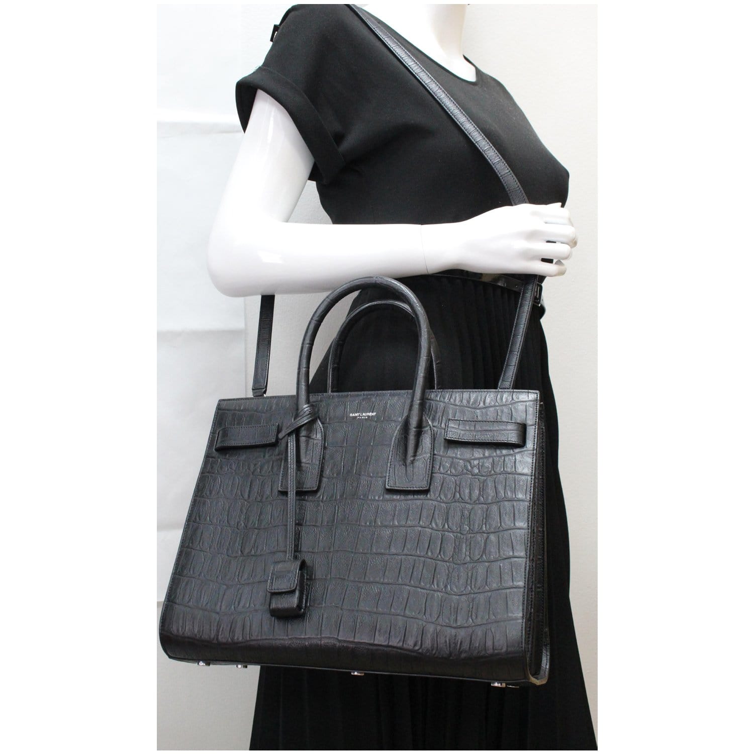 YSL Saint Laurent Saint Sac De Jour Crocodile Embossed Satchel Black Small Travel Bag