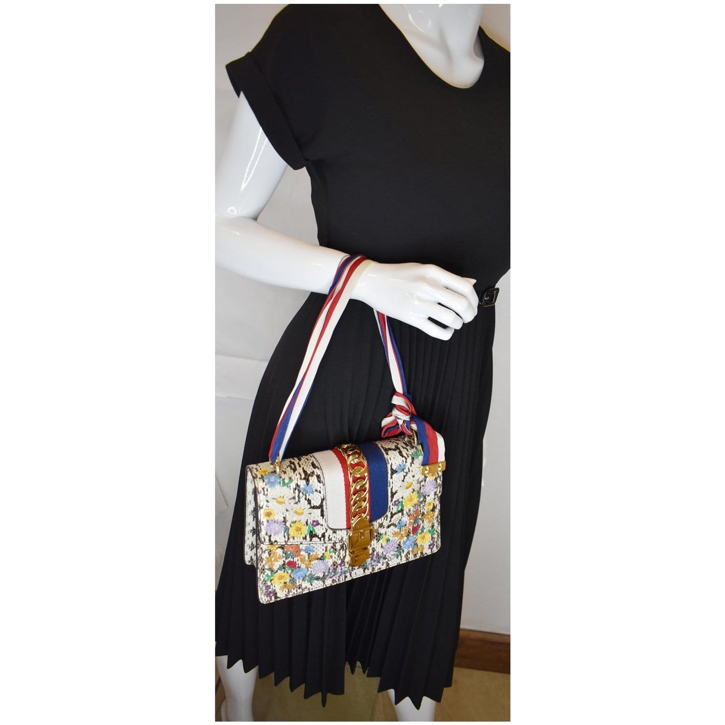 Gucci Sylvie Floral Embroidered Roccia Snakeskin Shoulder Bag Small