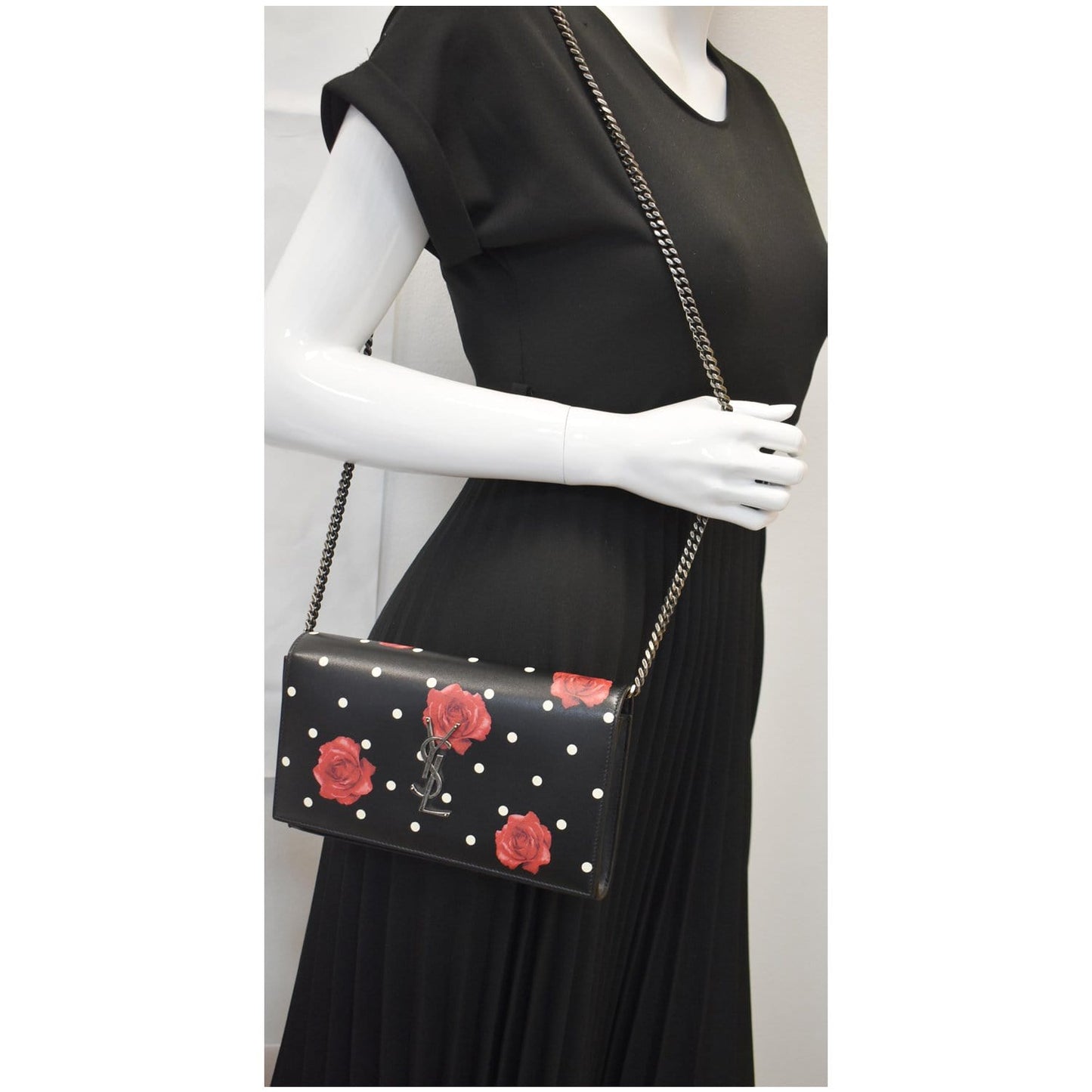 YSL Saint Laurent Saint Kate Polka Rose Print Chain Wallet Leather Monogram Crossbody Bag