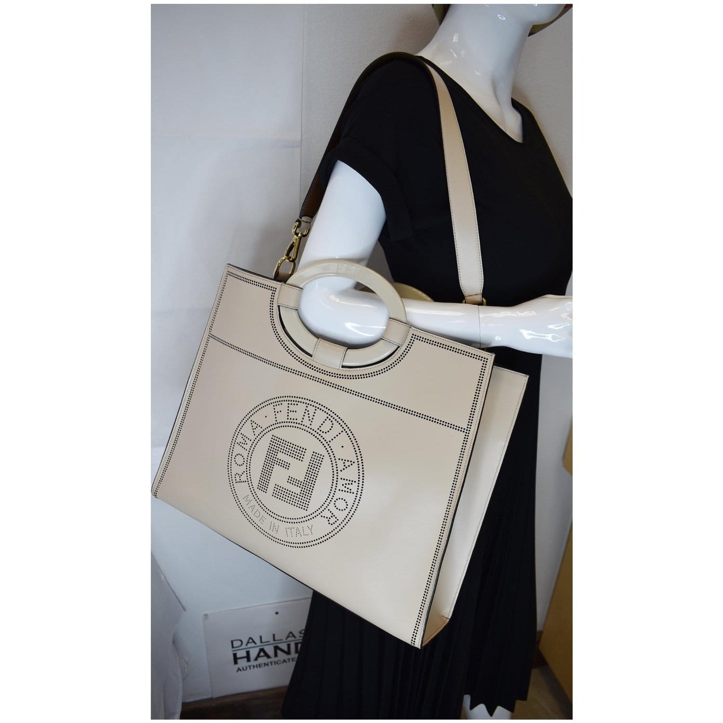 Fendi Runaway Perforated Shopper Tote Bag Leather Beige