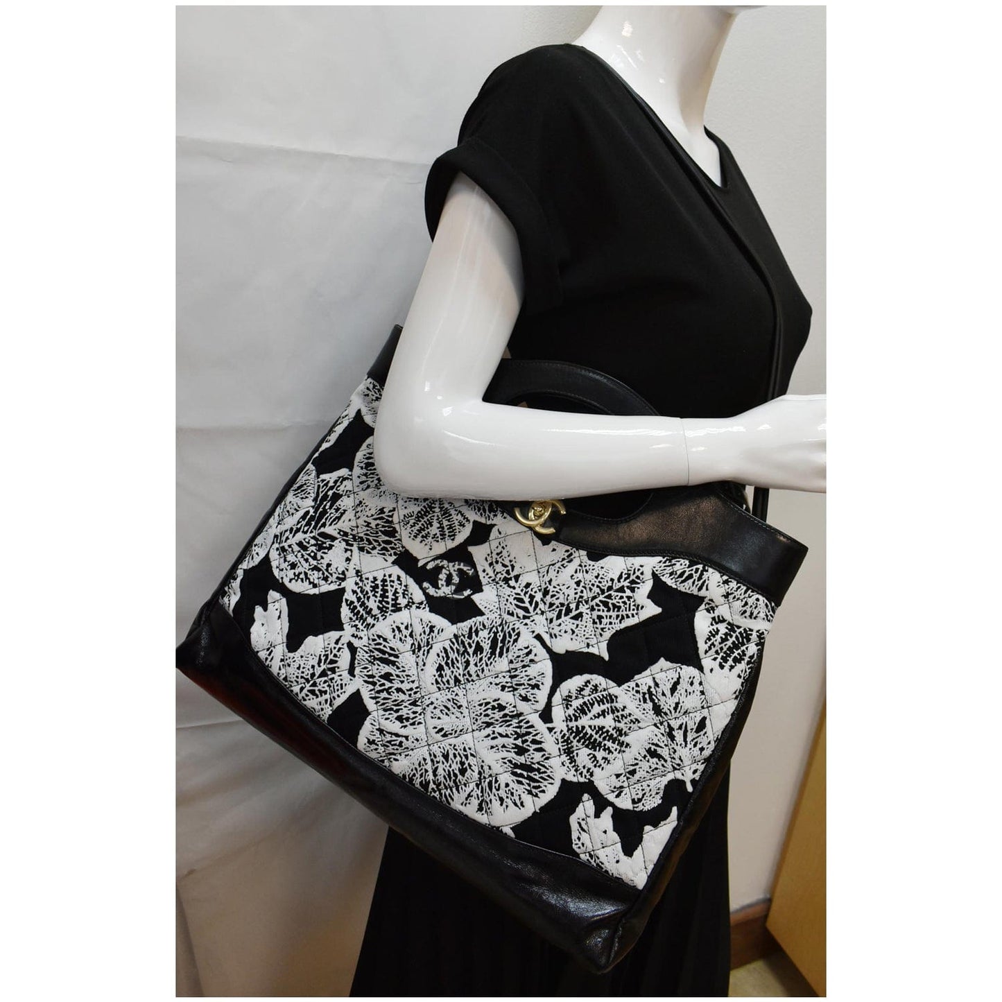 Chanel Printed Cotton Shopping Shoulder Bag Leather Black