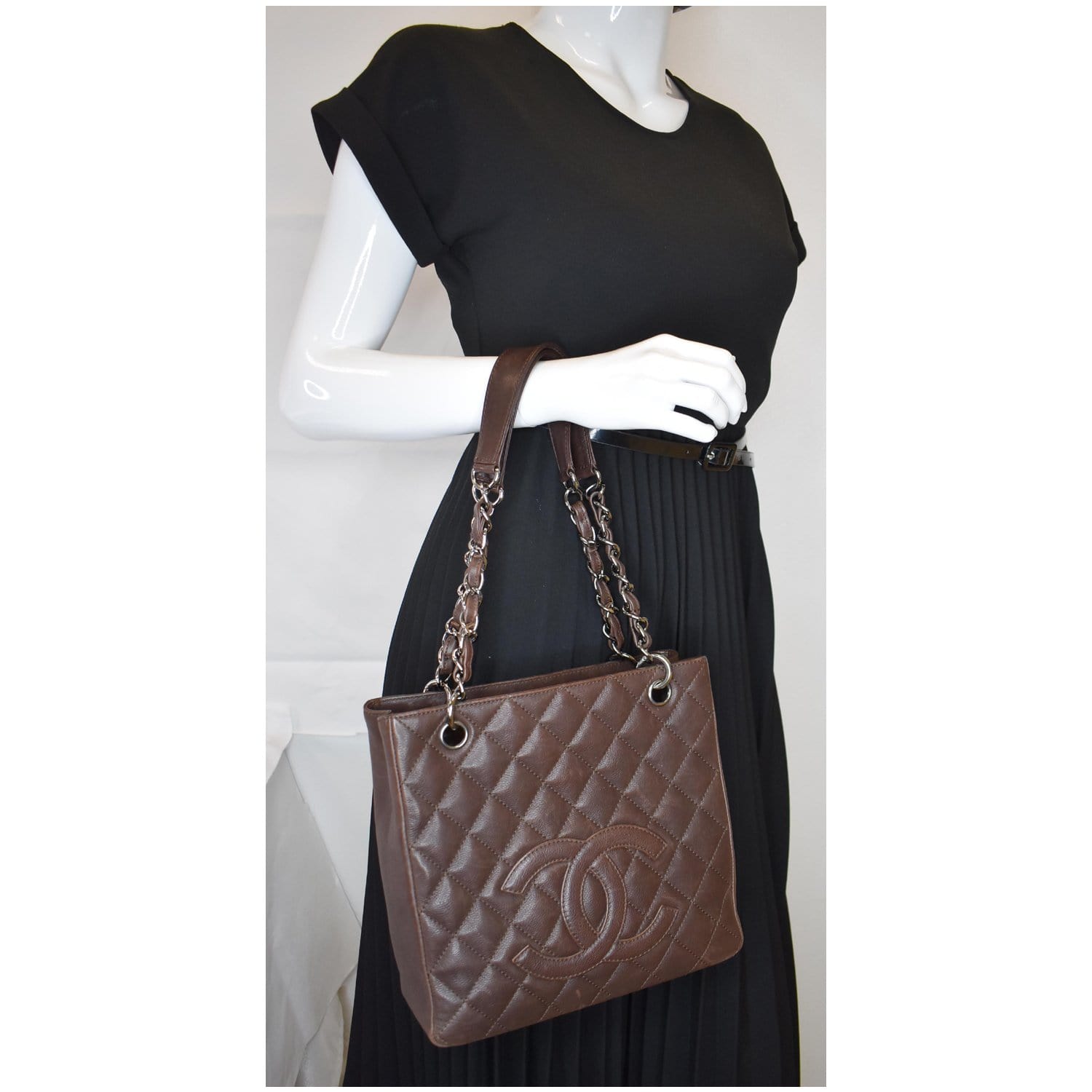 Chanel Pst Caviar Petit Shopping Tote Bag Leather Brown Shoulder Bag