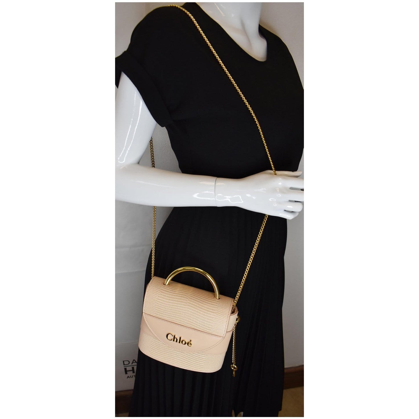 Chloe Aby Lock Embossed Calfskin Chain Shoulder Leather Beige Shoulder Bag