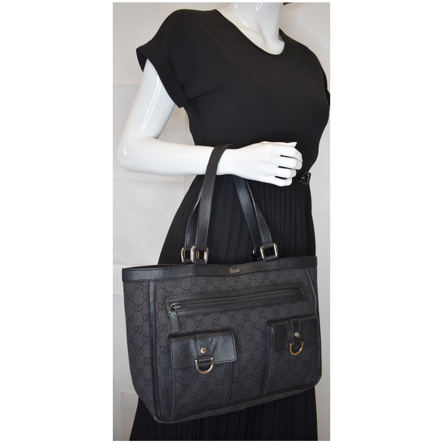 Gucci Abbey Pocket Tote Bag Off Denim Black