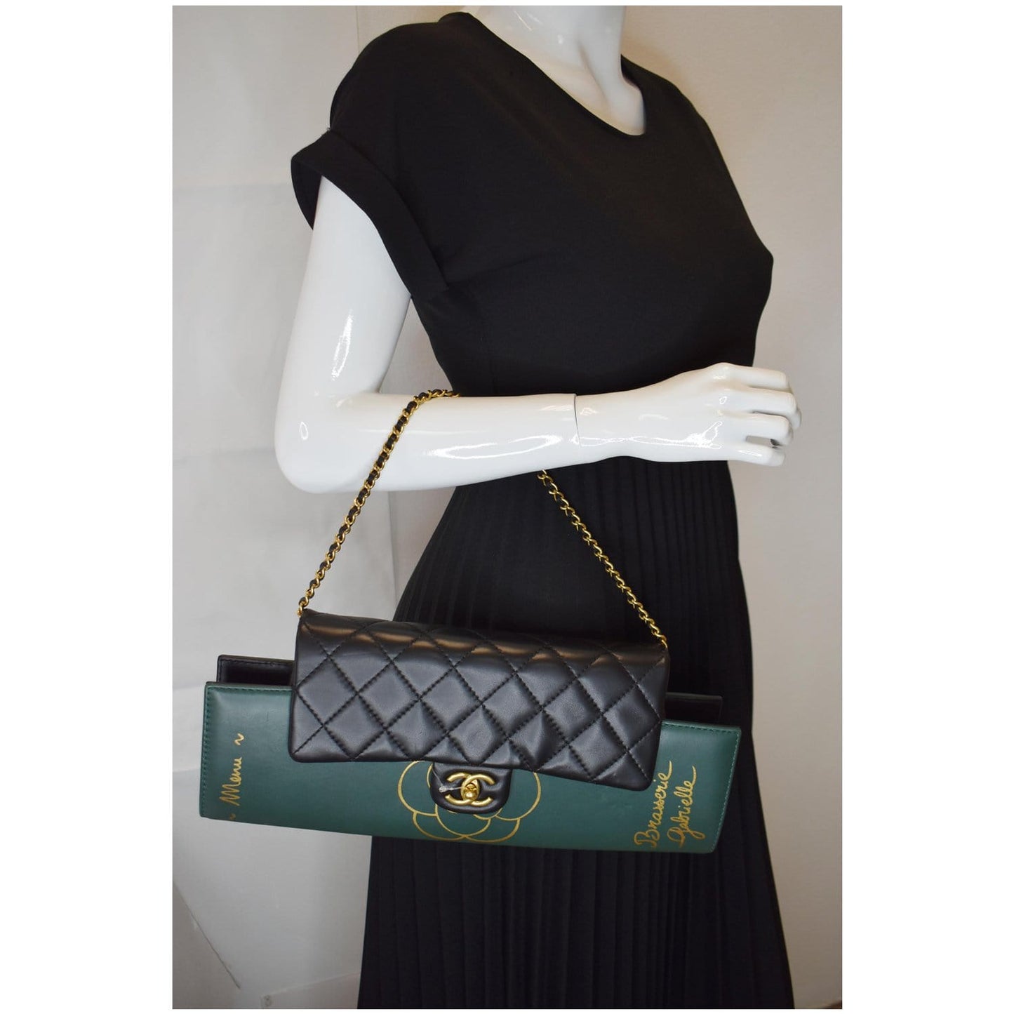 Chanel Gabrielle Brasserie Menu Calfskin Clutch Bag Black Chain