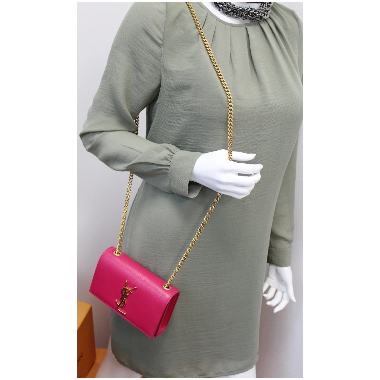 YSL Saint Laurent Saint Kate Grain De Poudre Crossbody Bag Pink Small