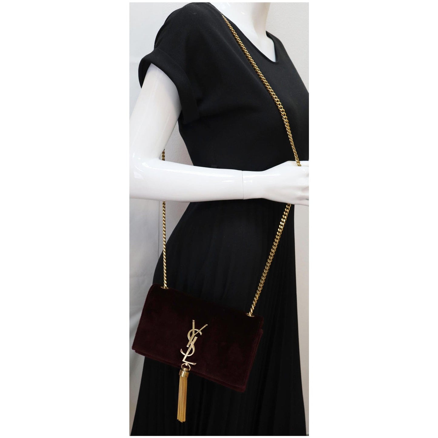 YSL Saint Laurent Saint Kate Tassel Velvet Crossbody Bag Burgundy Medium