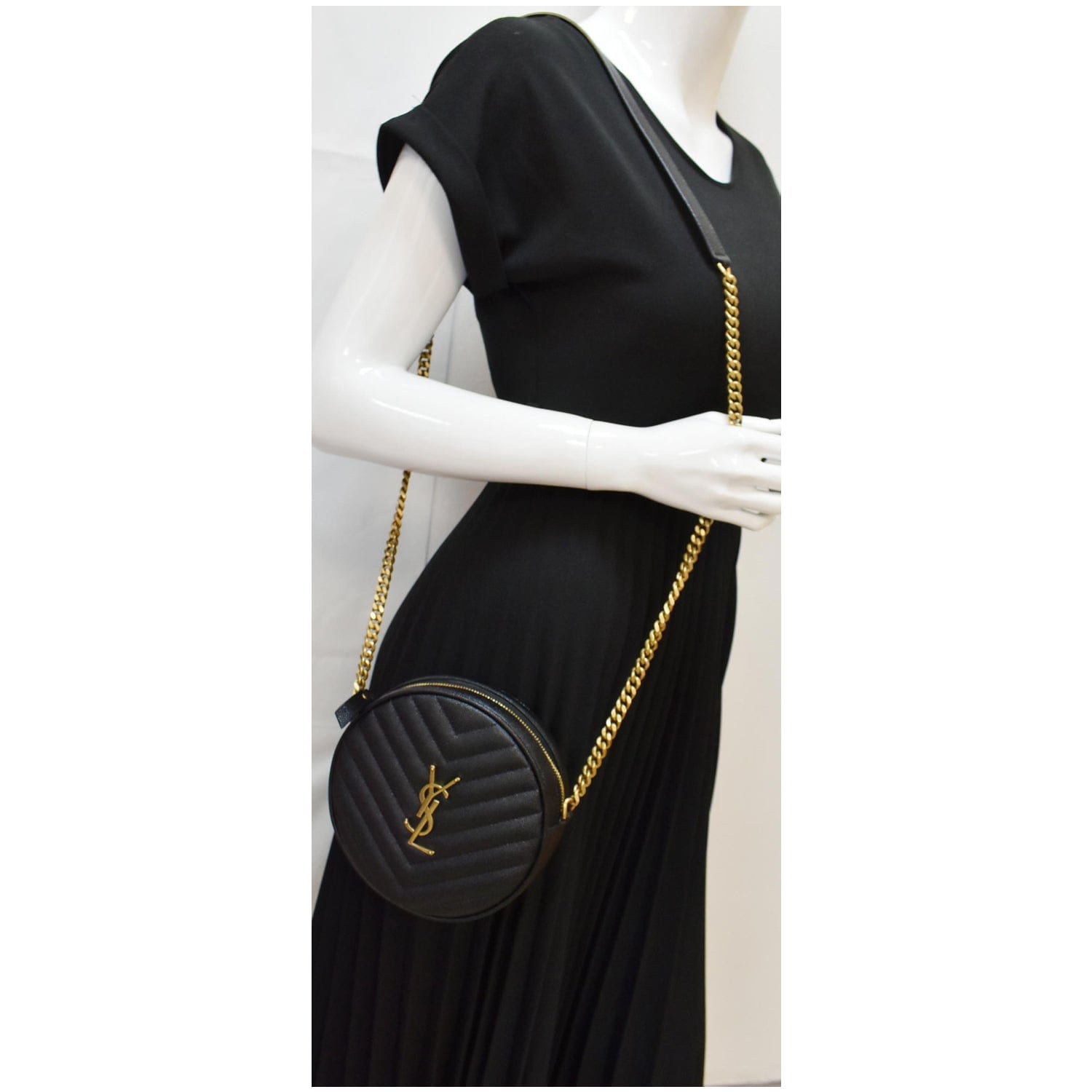 YSL Saint Laurent Saint Vinyle Round Chevron Camera Crossbody Bag Leather Black Black 1