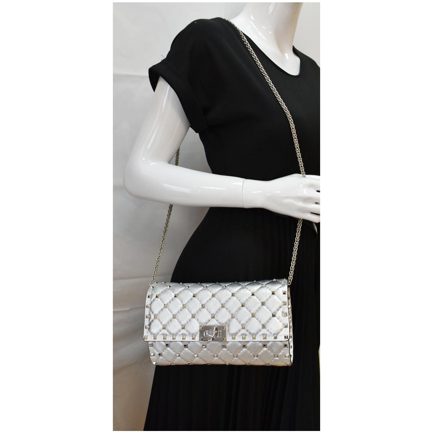 Valentino Rockstud Spike Nappa Clutch Bag Metallic Leather Silver