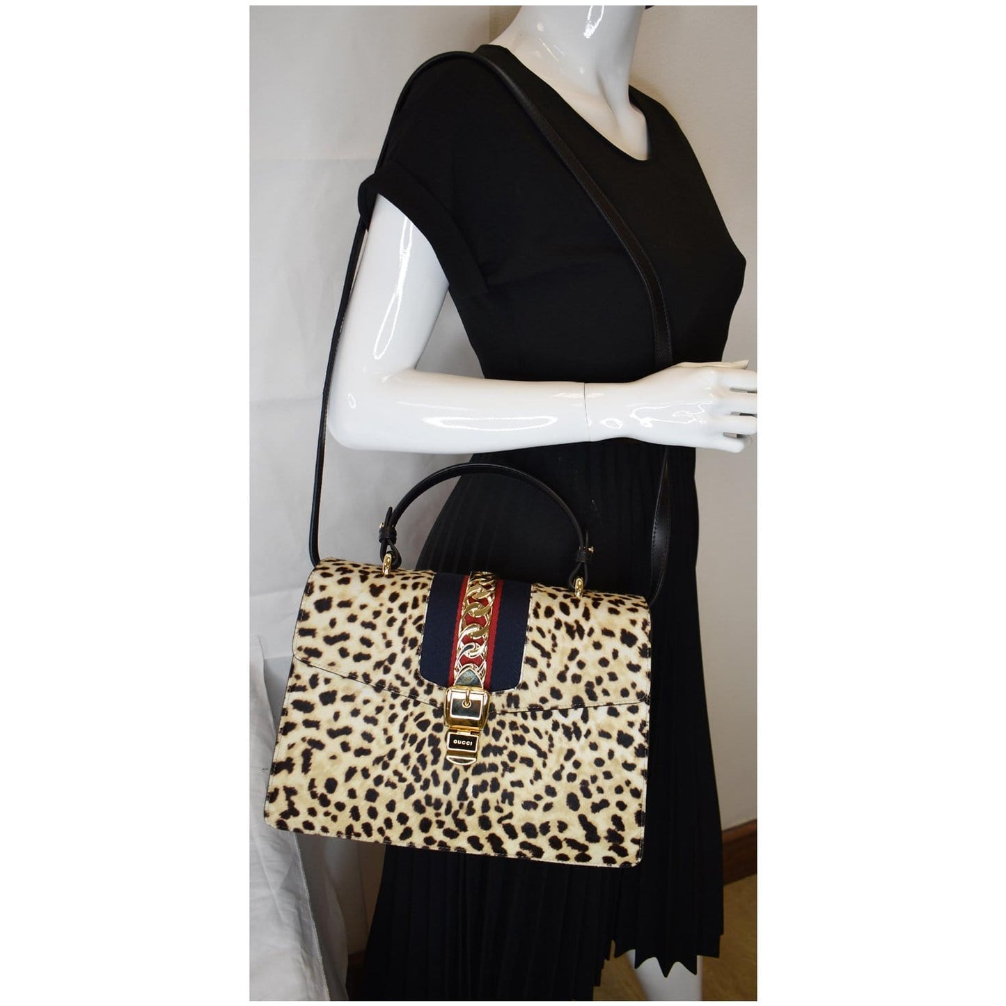 Gucci Leopard Print Sylvie Calf Hair Top Handle Beige Medium Travel Bag