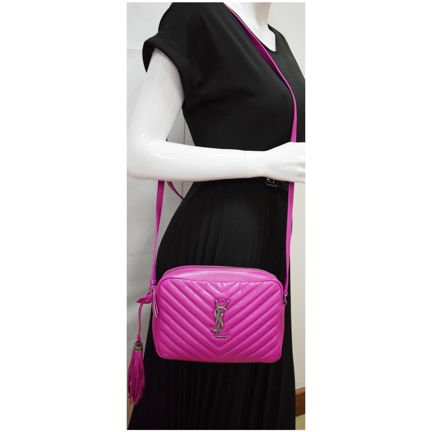 YSL Saint Laurent Saint Lou Chevron Camera Crossbody Bag Leather Pink