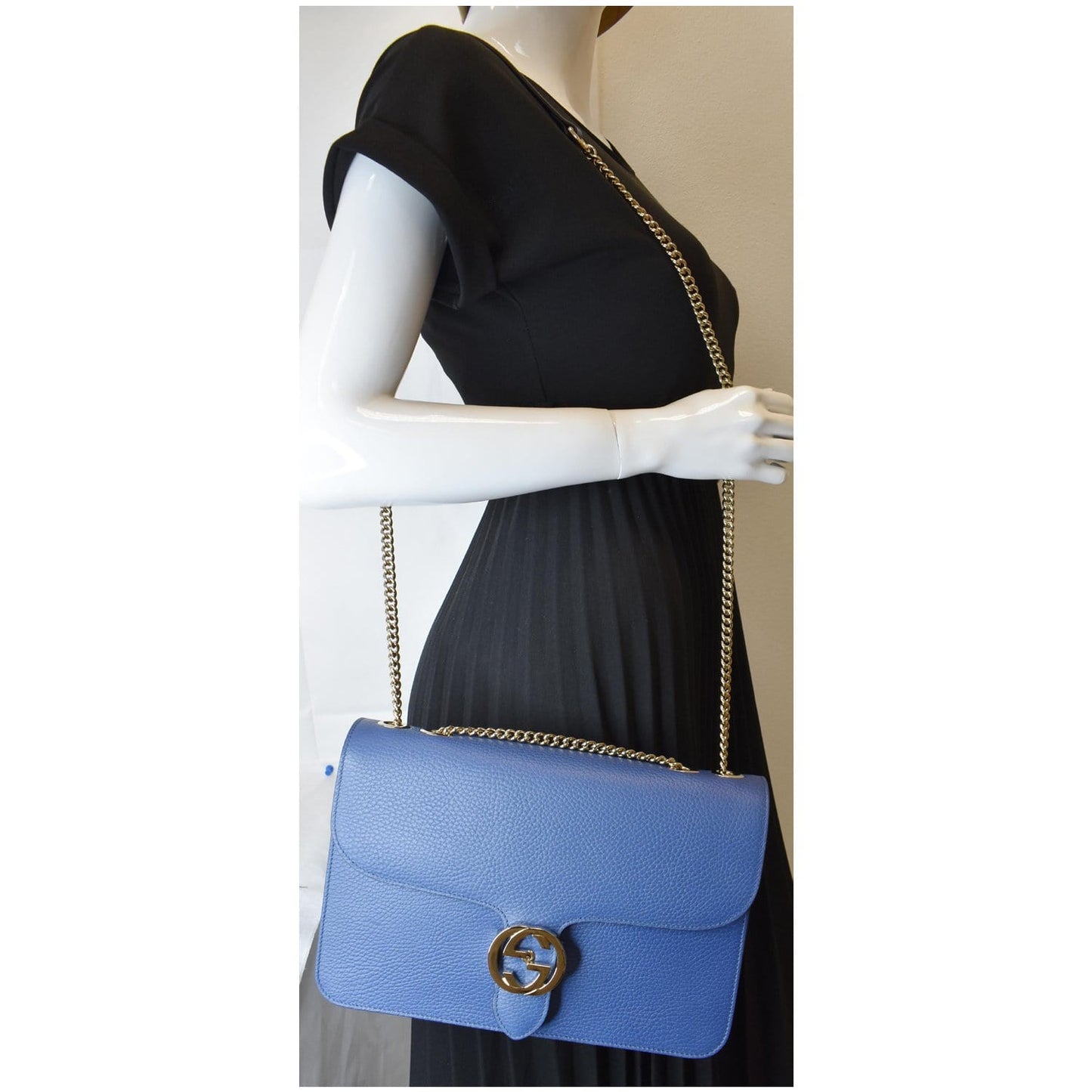 Gucci Interlocking Calfskin Shoulder Bag Leather Blue