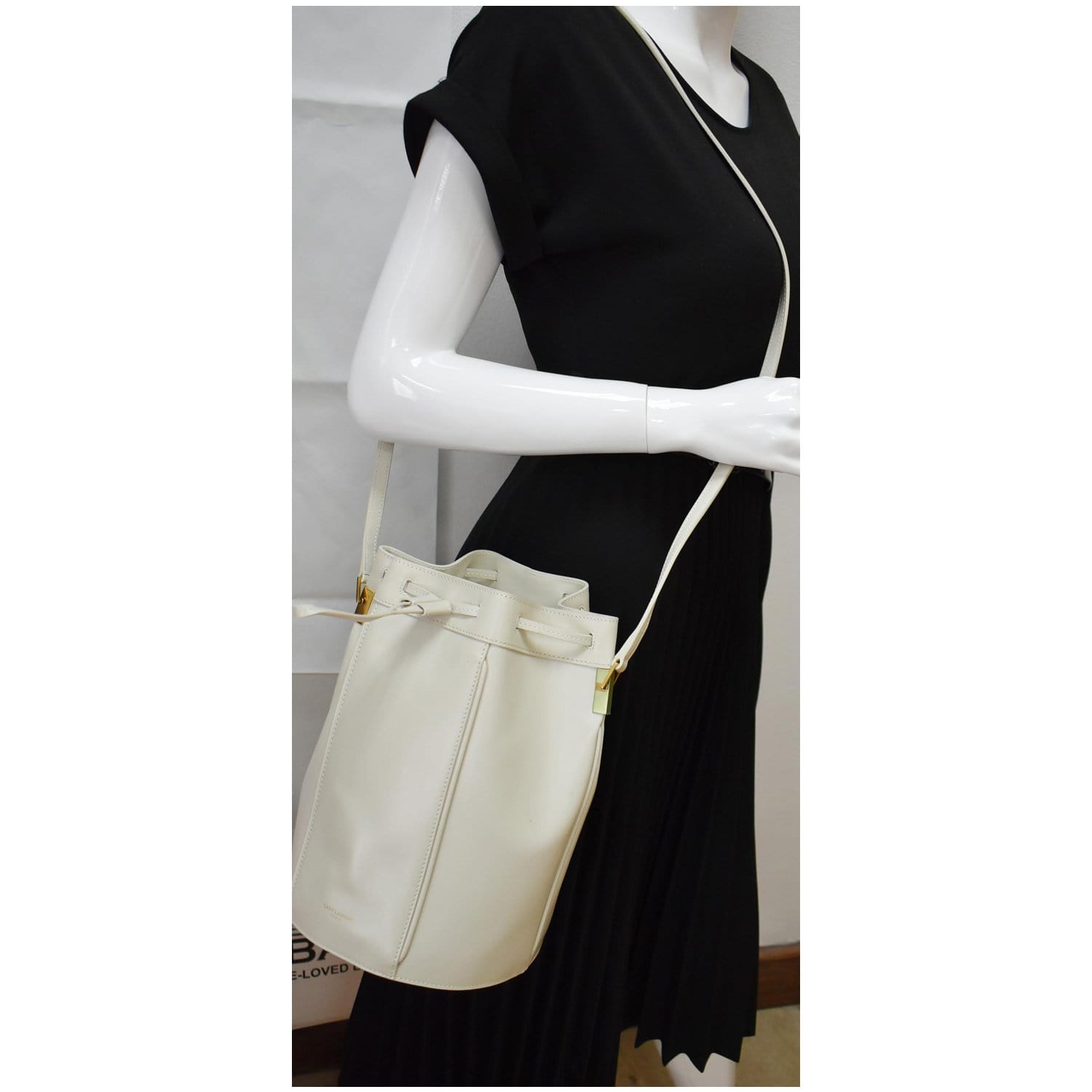 YSL Saint Laurent Saint Talitha Bucket Crossbody Bag Leather White