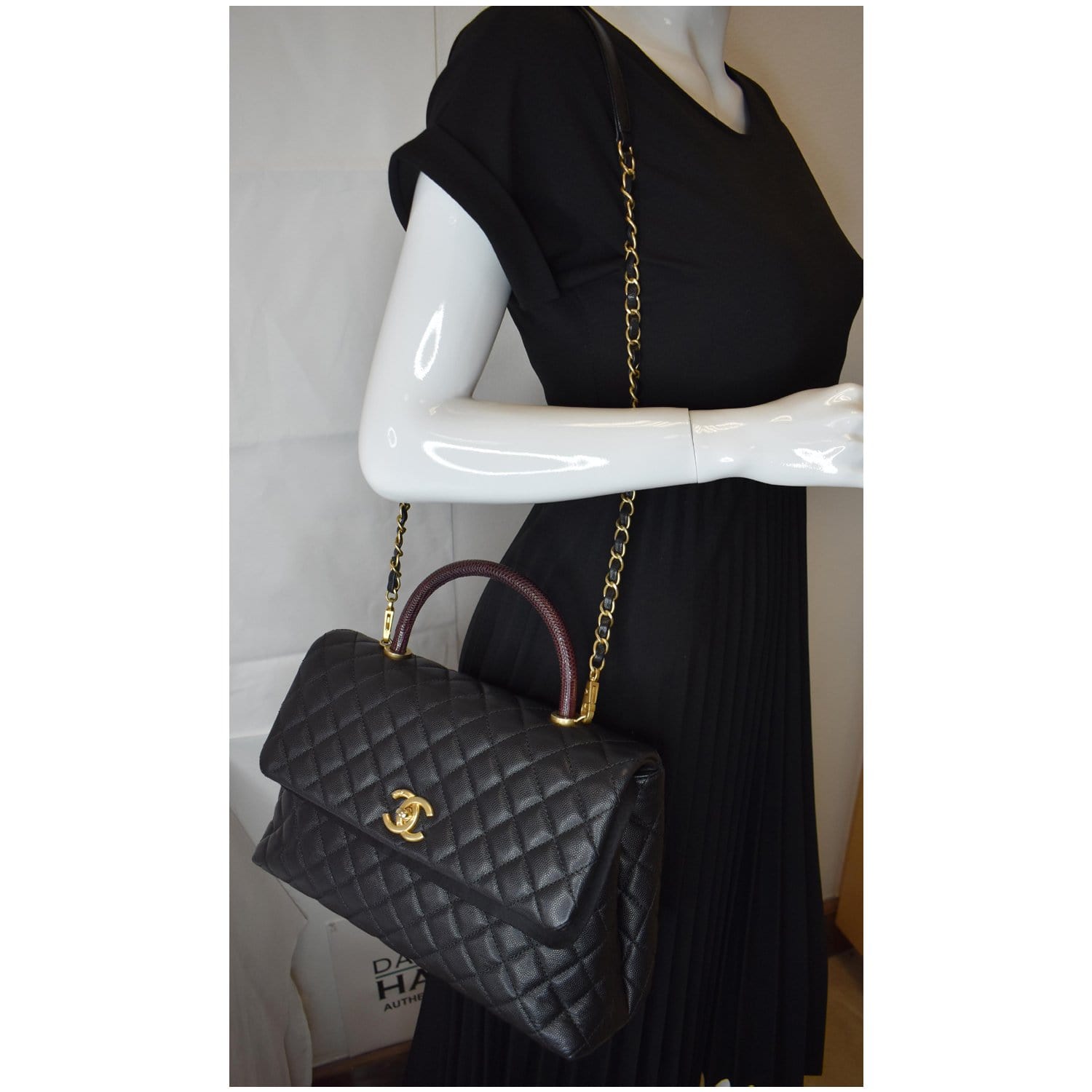 Chanel Coco Caviar Lizard Handle Shoulder Bag Quilted Black