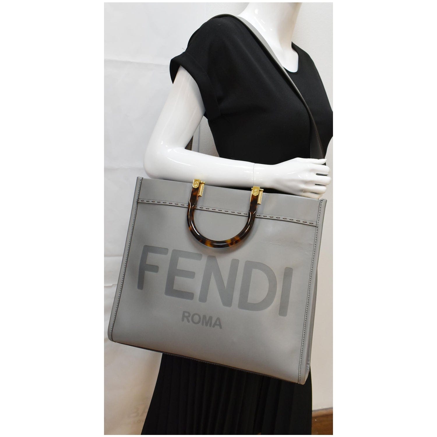 Fendi Sunshine Plexiglass Shopper Tote Bag Gray Leather Medium